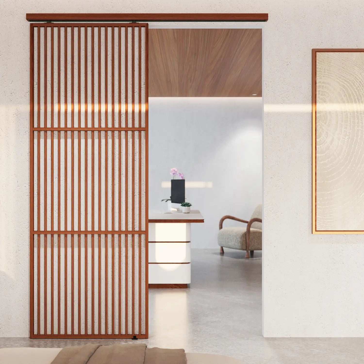 Wooden sliding door with vertical slats in a modern interior setting