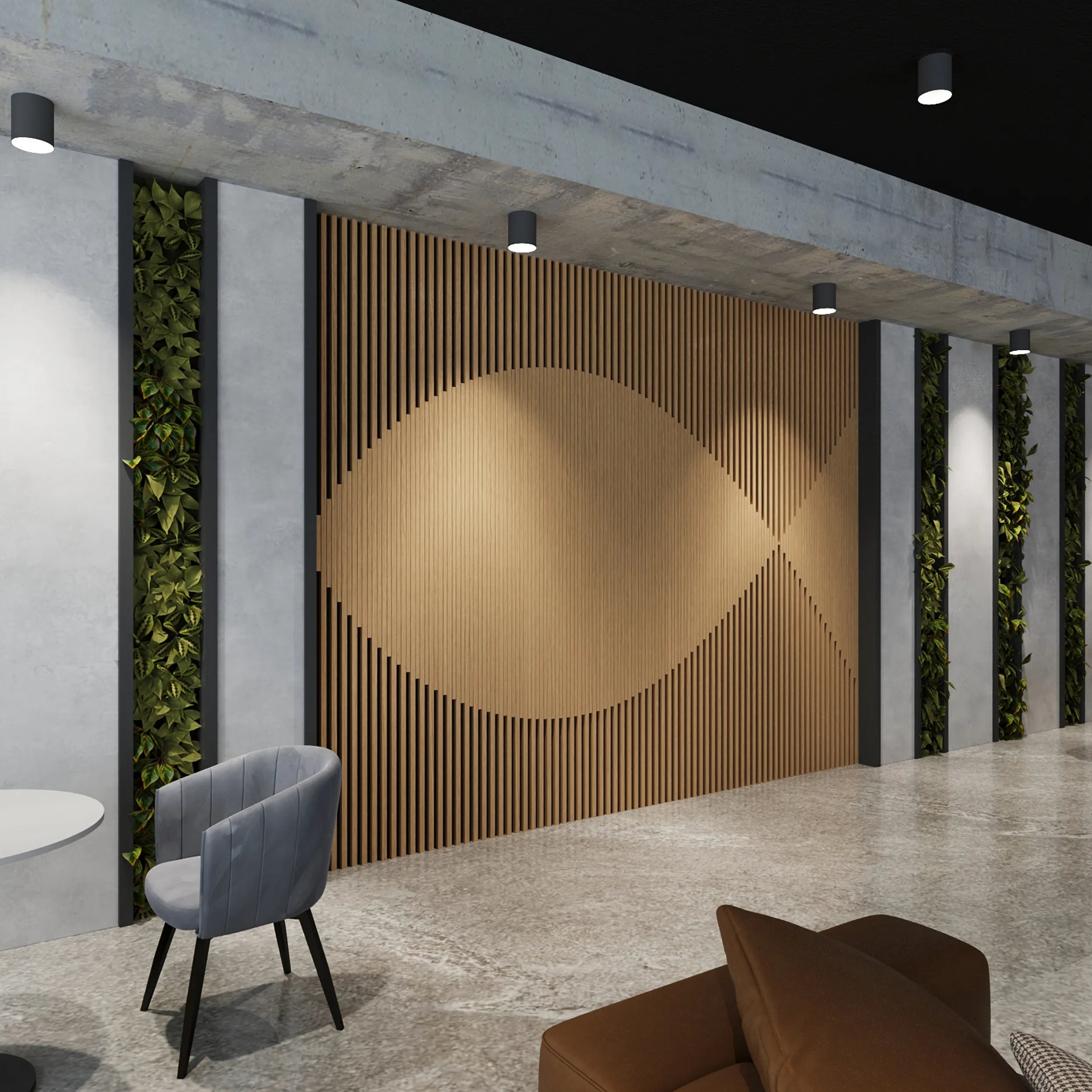 Modern interior design with a wooden wall panel and gray chair.