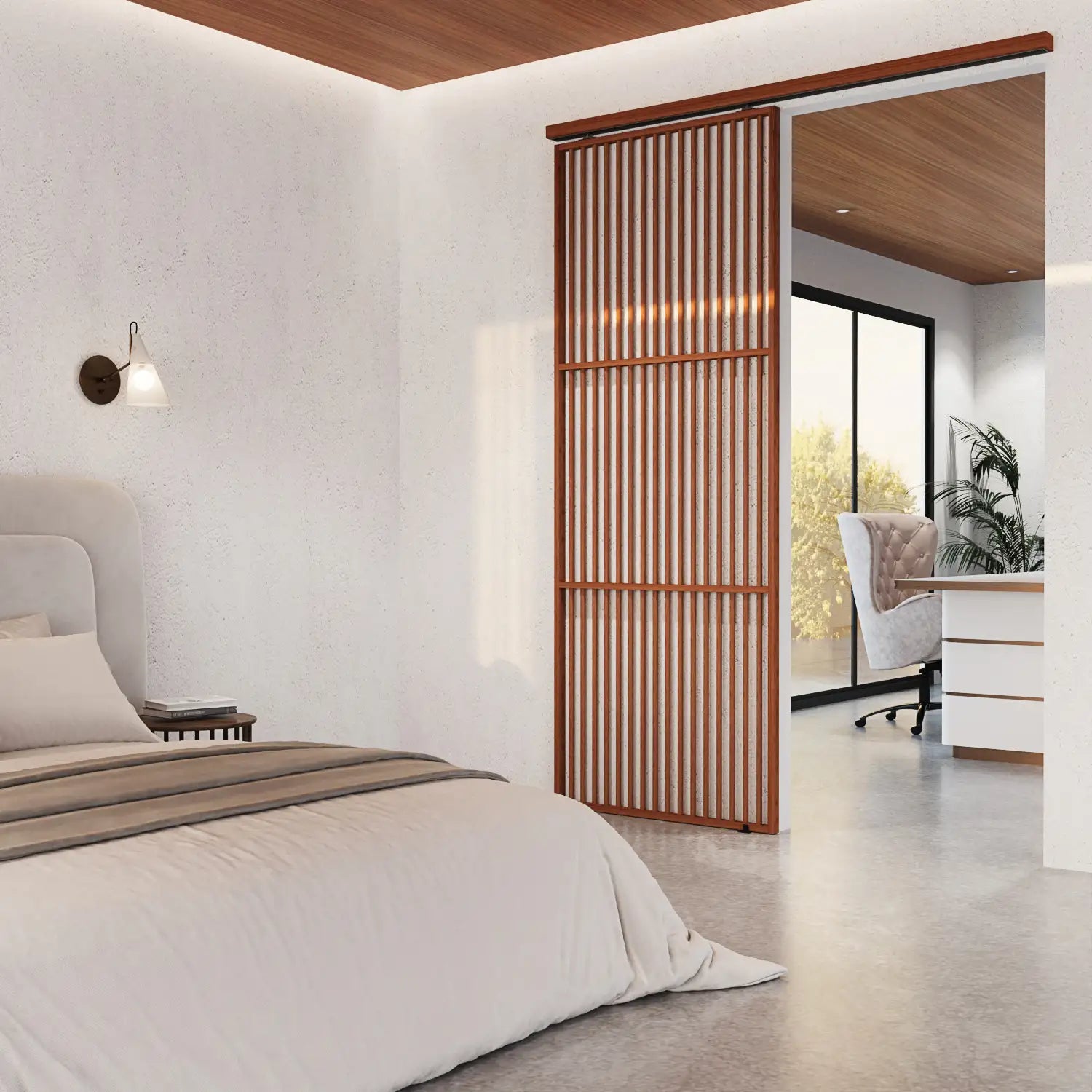 Modern bedroom with a wooden sliding door leading to an office area.