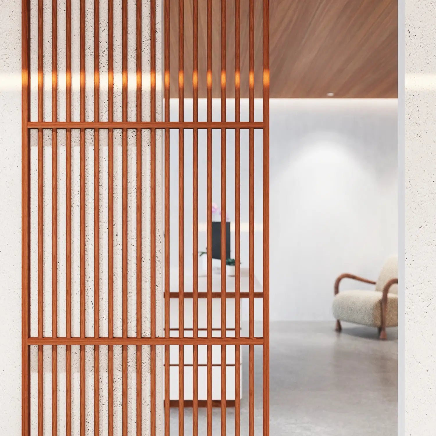 Wooden slat screen in a modern interior setting with a chair and table.