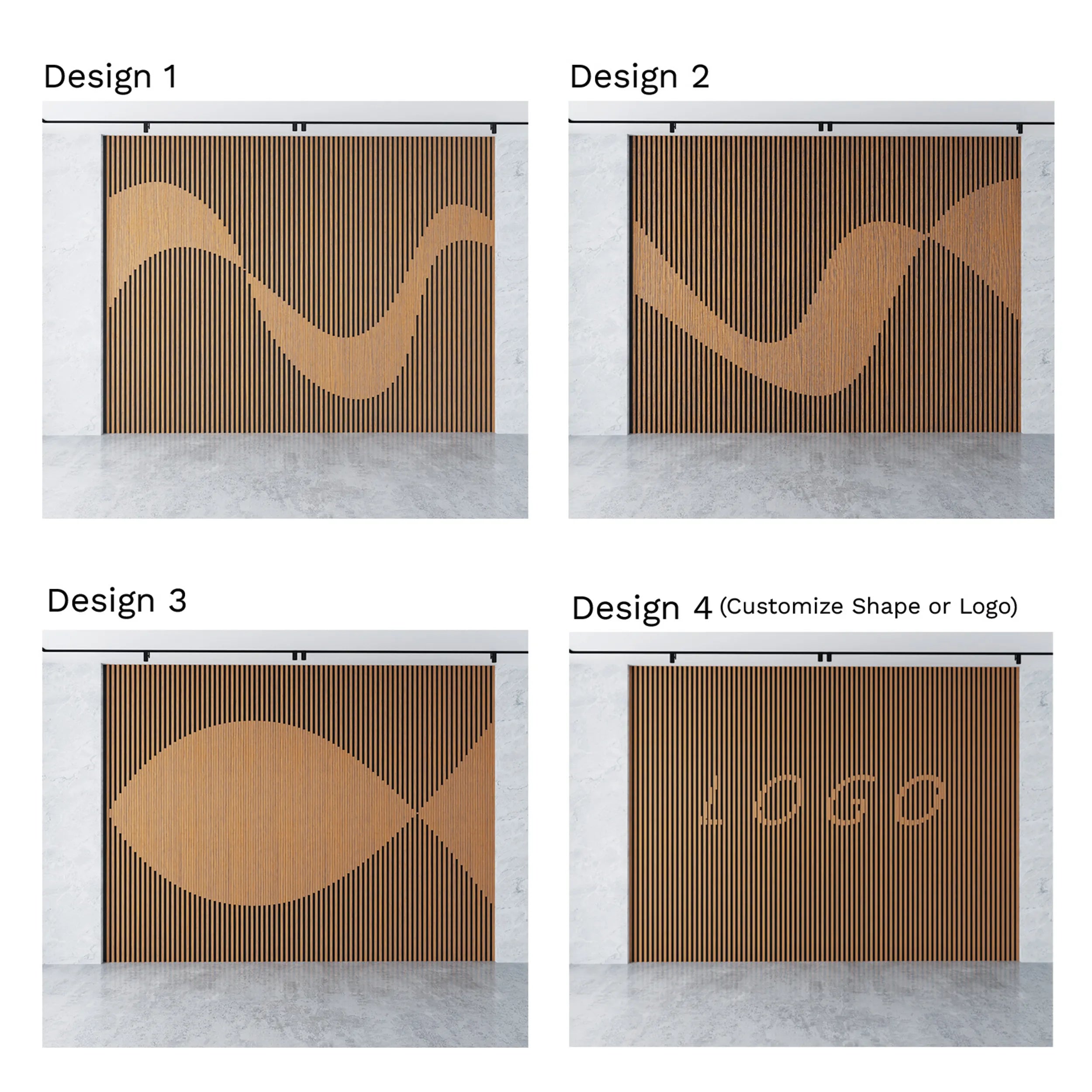Four design options for a decorative panel with customizable shapes or logos.