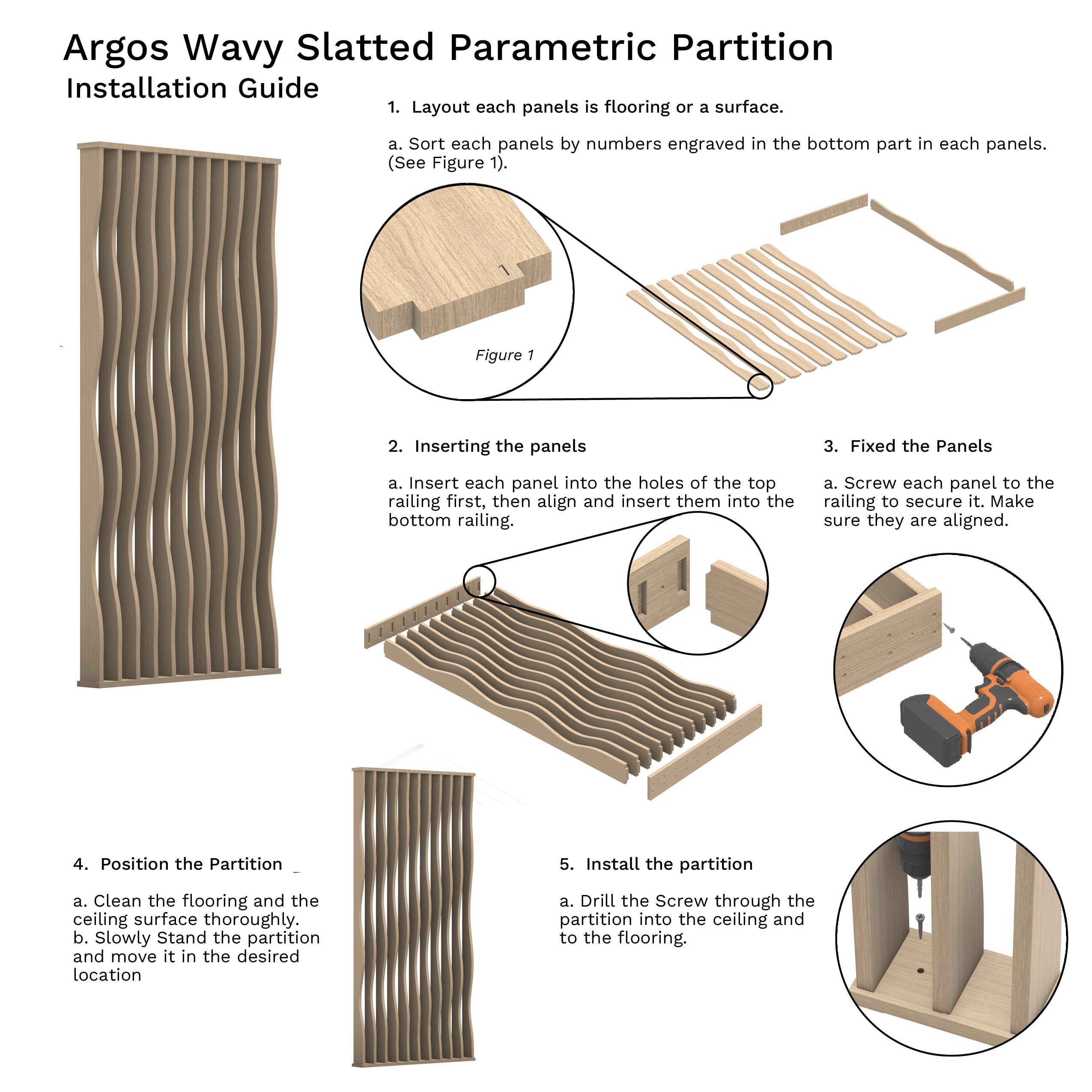 Installation guide for Argos Wavy Slatted Parametric Partition with step-by-step instructions.