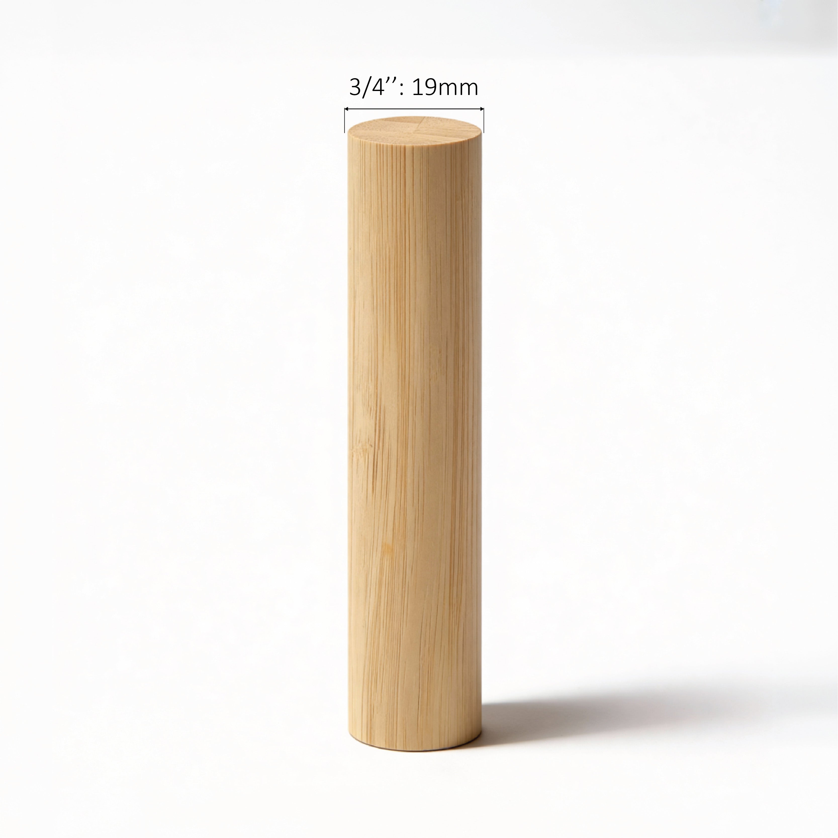Wooden cylindrical slat with measurement label on a white background