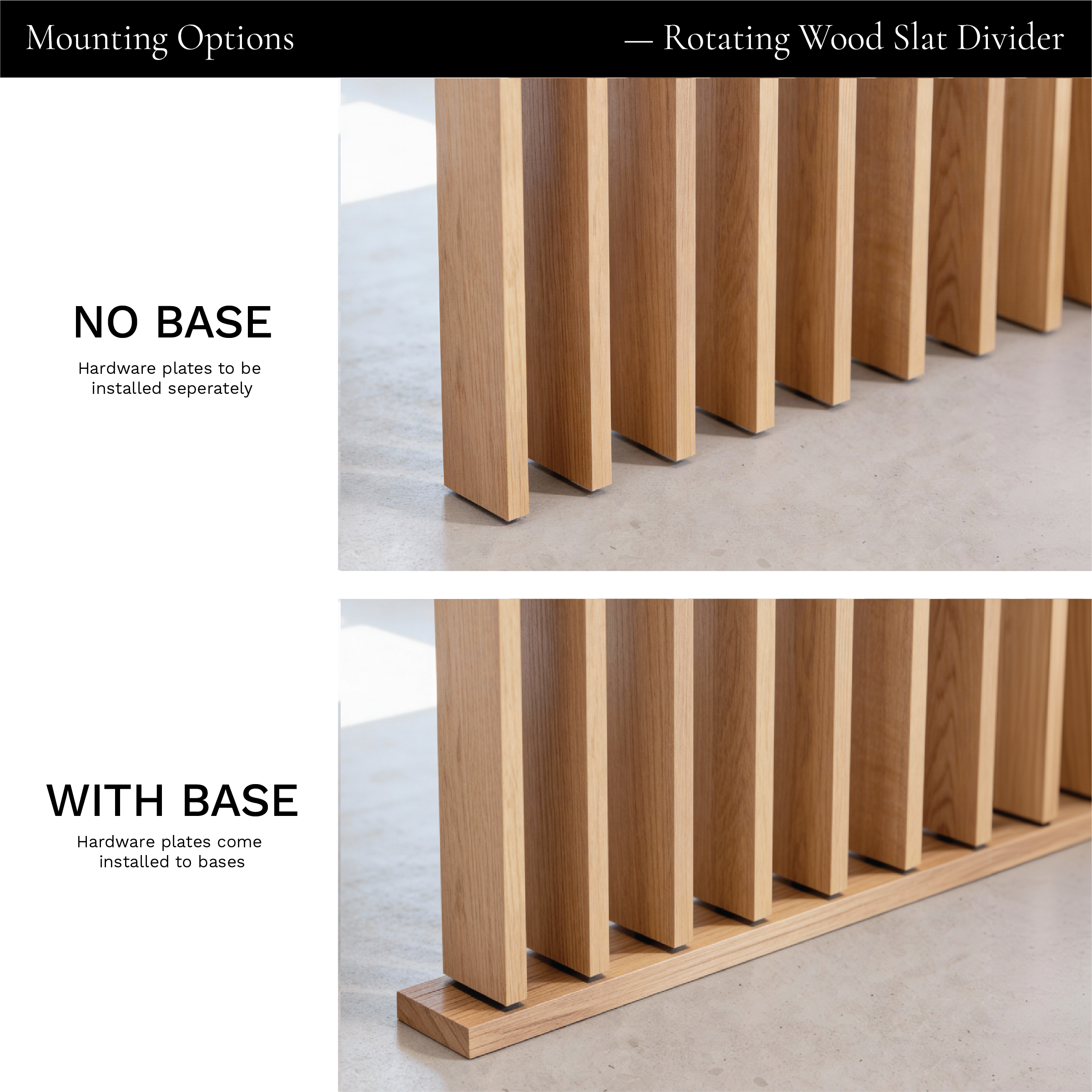 Wooden slat divider with mounting options on a neutral background