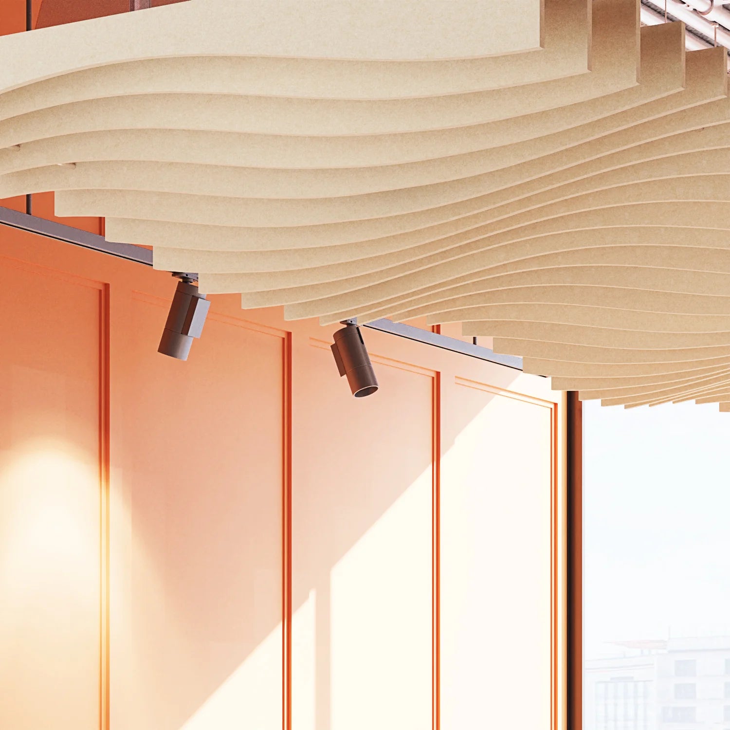 Wooden ceiling panel with modern lighting fixture in a minimalistic interior setting