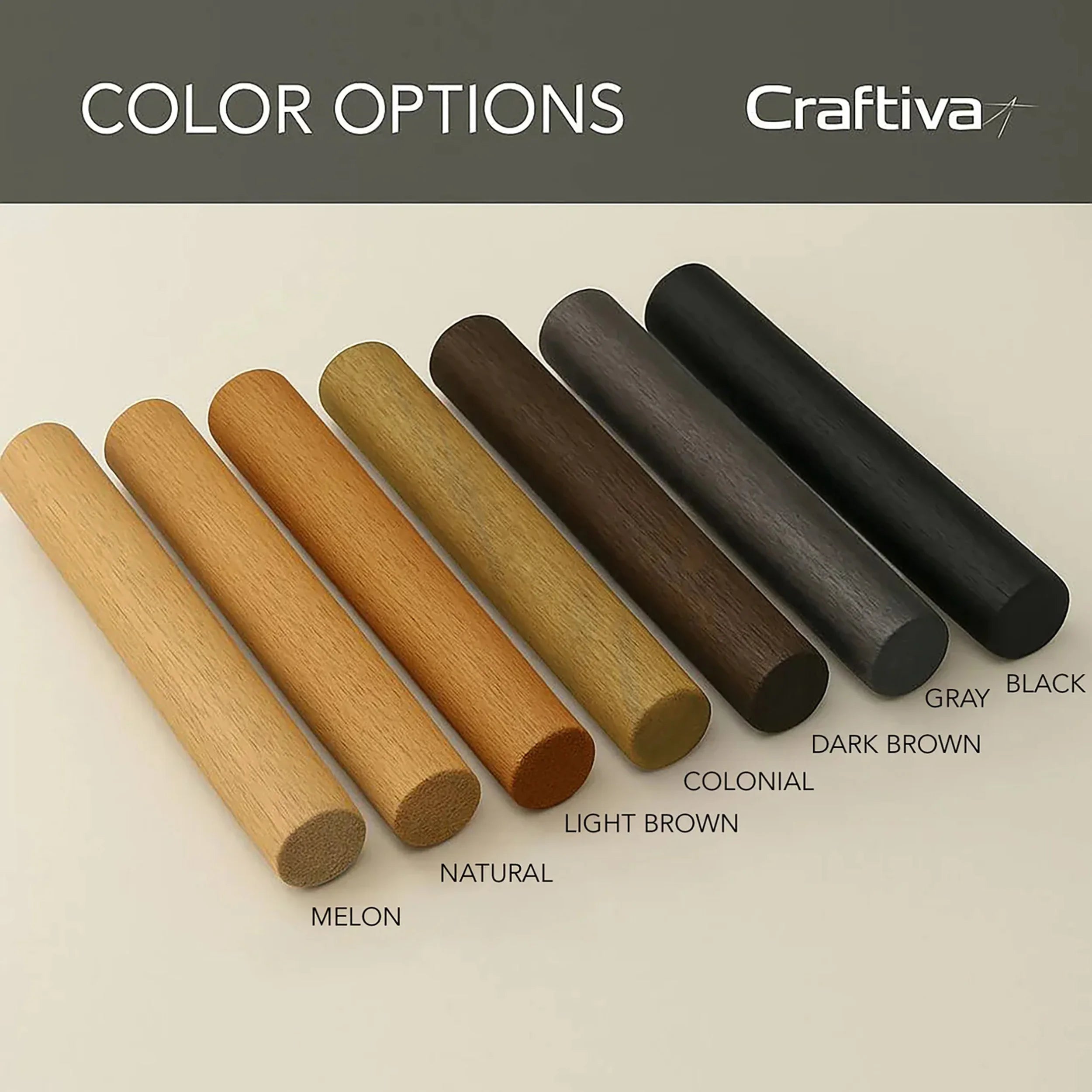 Color swatches of wooden finishes labeled with Craftiva branding on a beige background.