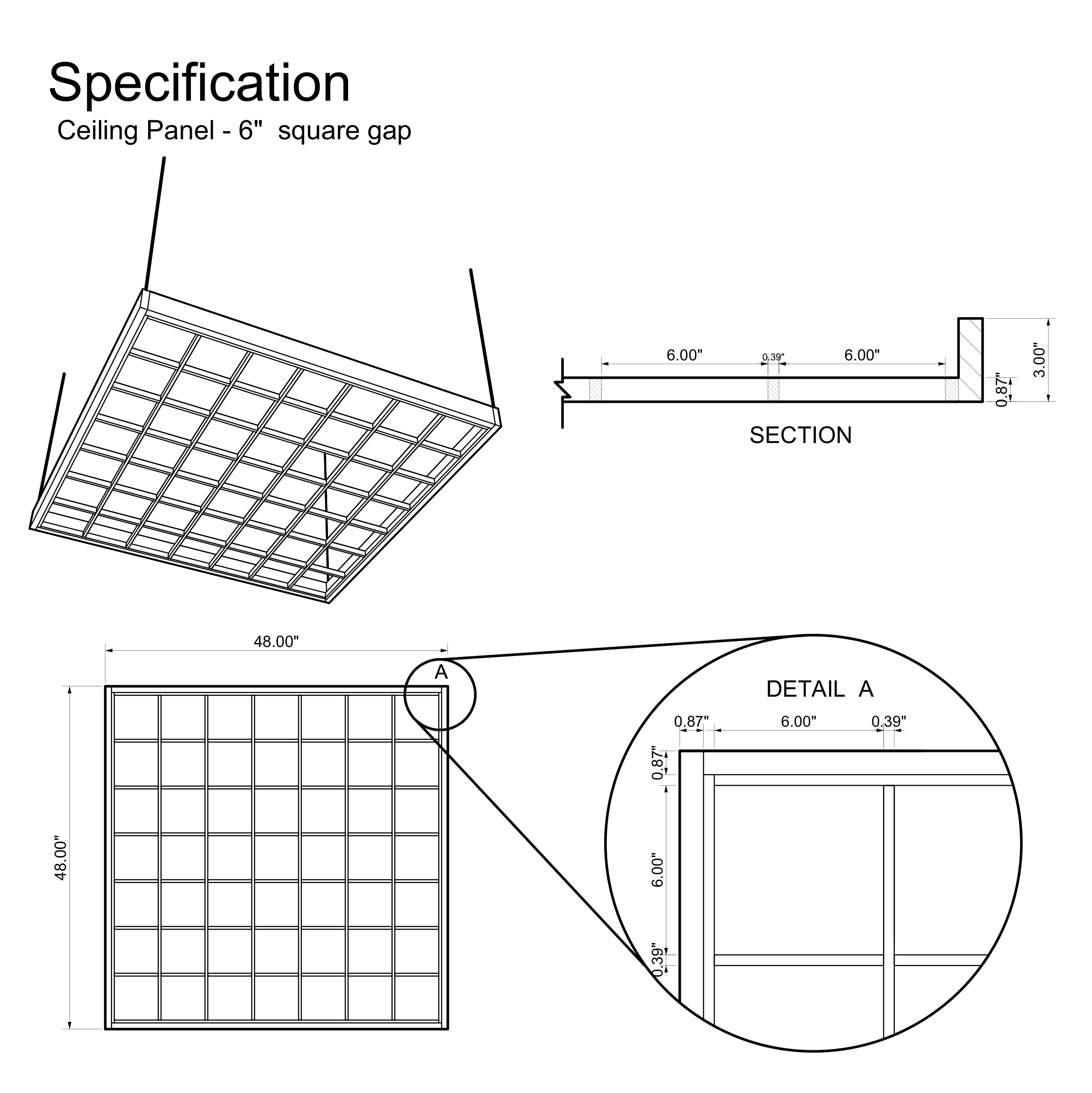 Technical drawing of a ceiling panel with dimensions and specifications.