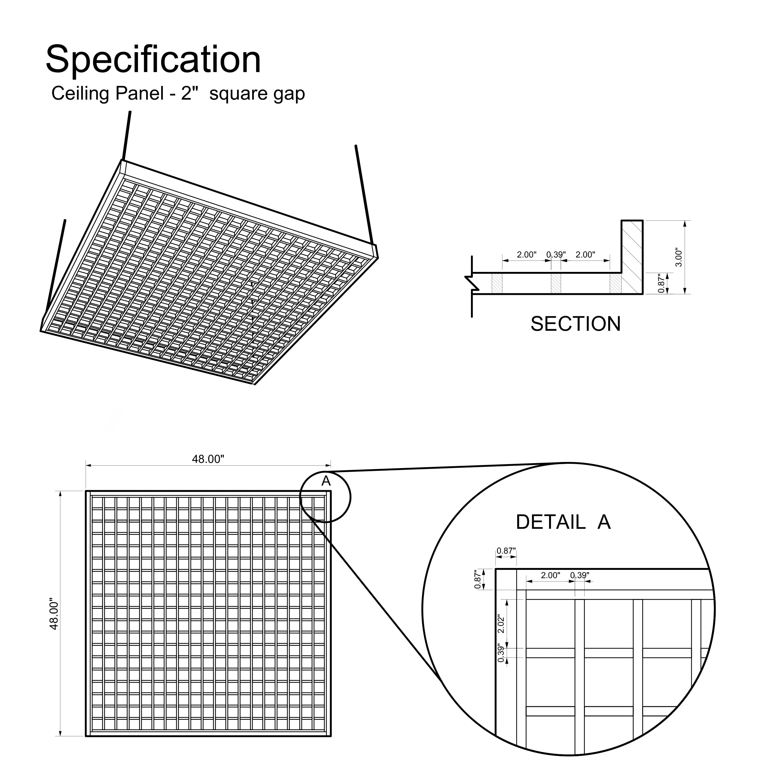 Technical drawing of a ceiling panel with dimensions and specifications.