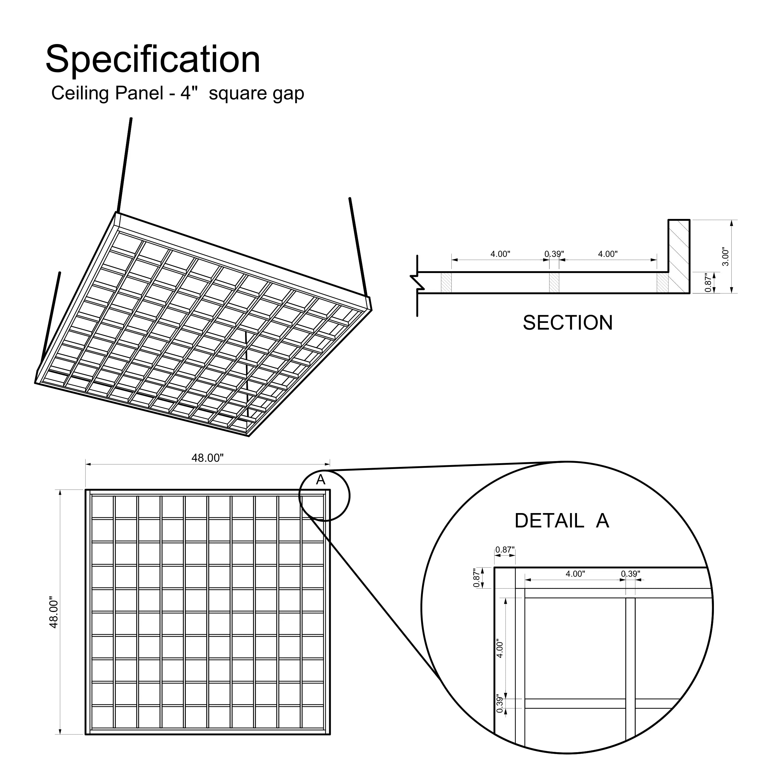 Technical drawing of a ceiling panel with dimensions and specifications.