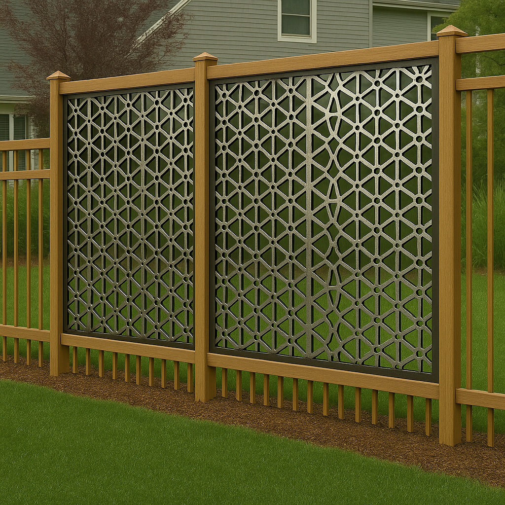 aluminum composite, geometric design, silver panel, decorative fence, modern fence, outdoor privacy, stylish fence, contemporary design, metal screen, yard decor