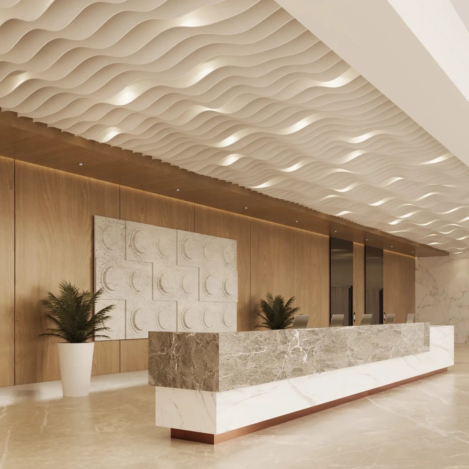 Modern interior design with a reception desk and decorative elements.
