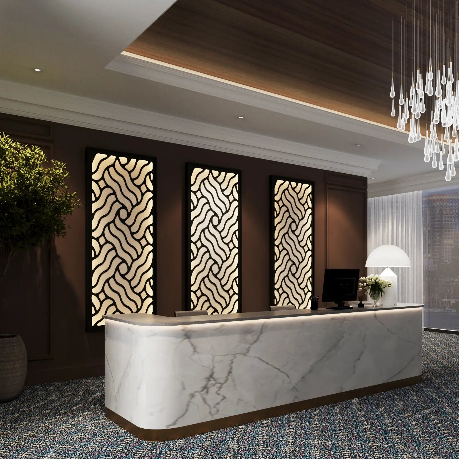 Modern reception desk in a stylish interior setting with decorative elements.
