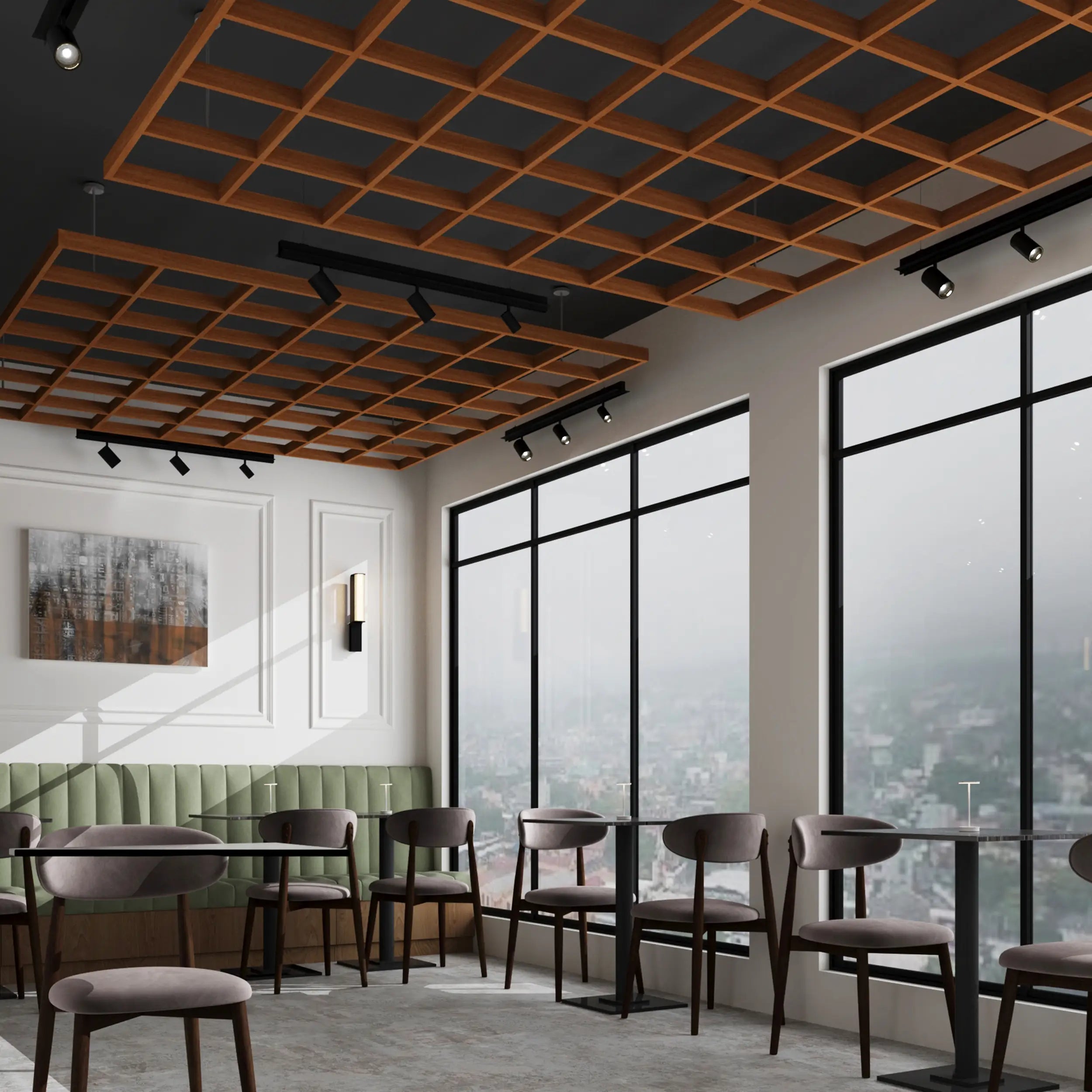 Modern interior with wooden ceiling, large windows, and dining tables with chairs.