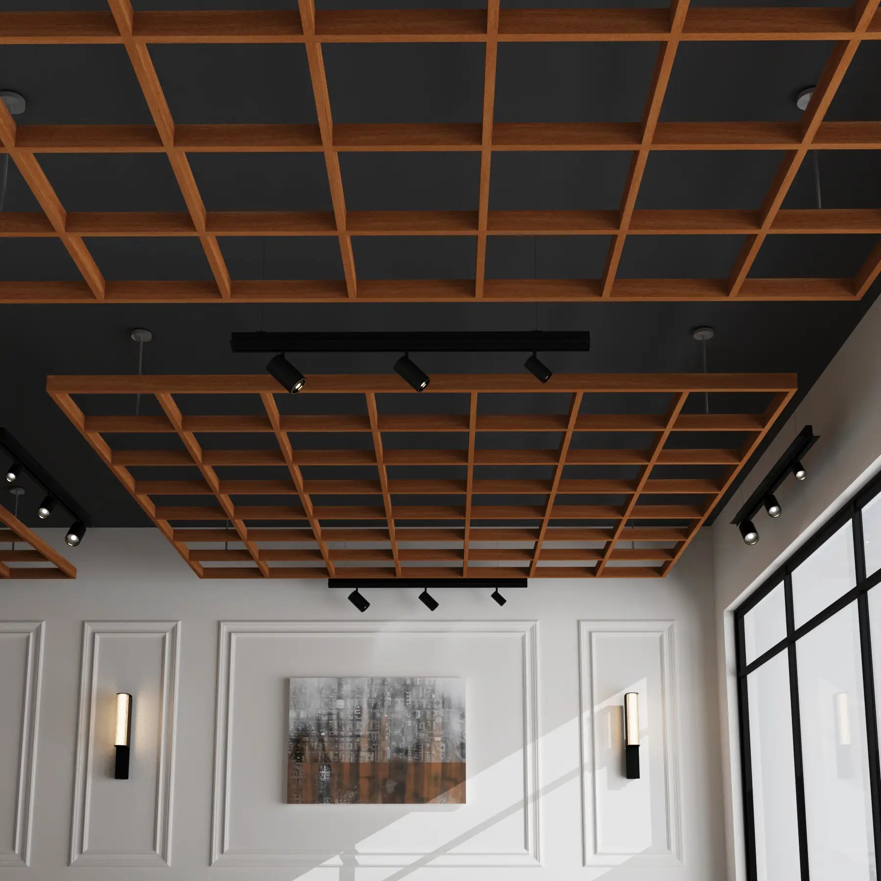 Modern interior with wooden ceiling grid and wall lights