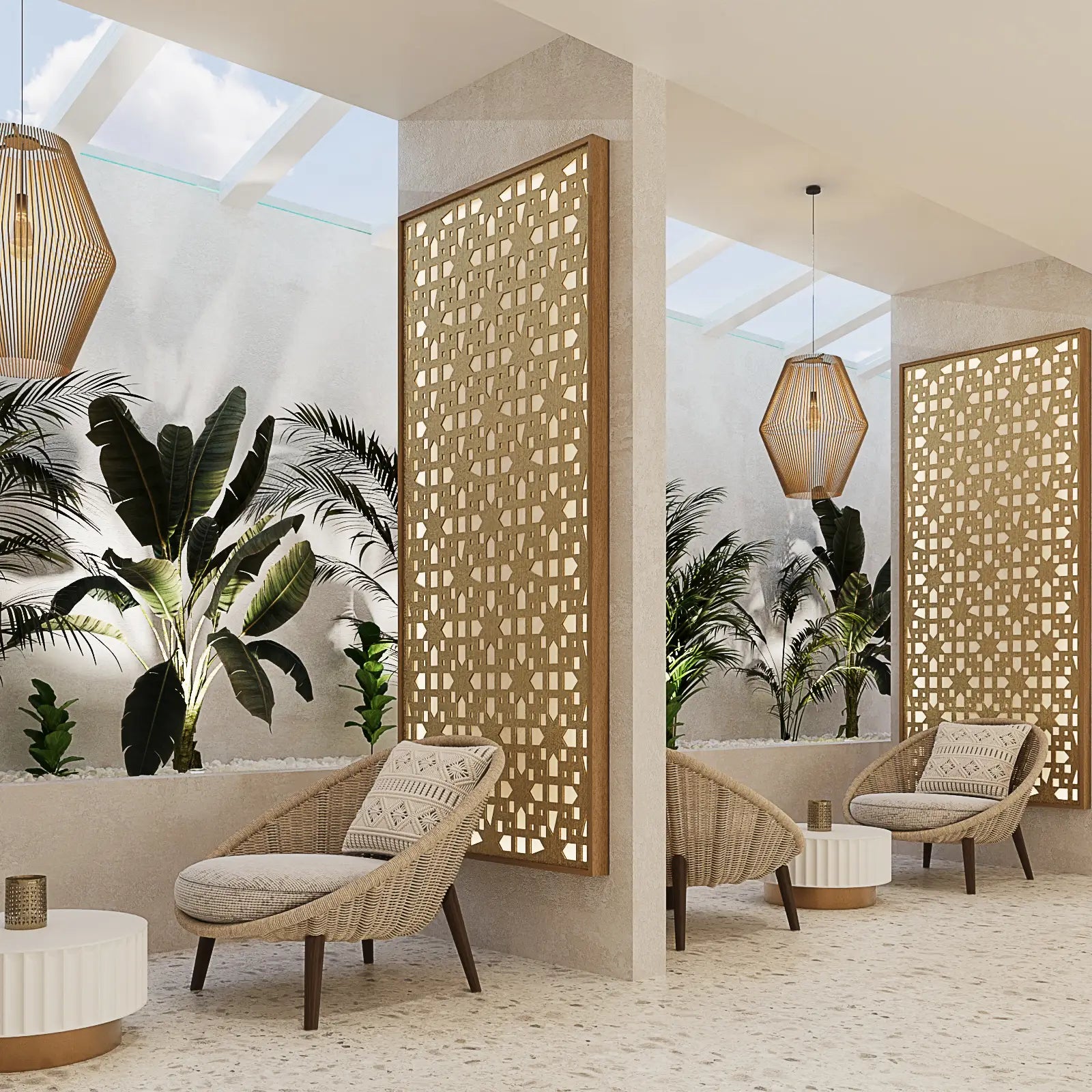 Modern interior design with wicker chairs, decorative screens, and plants.