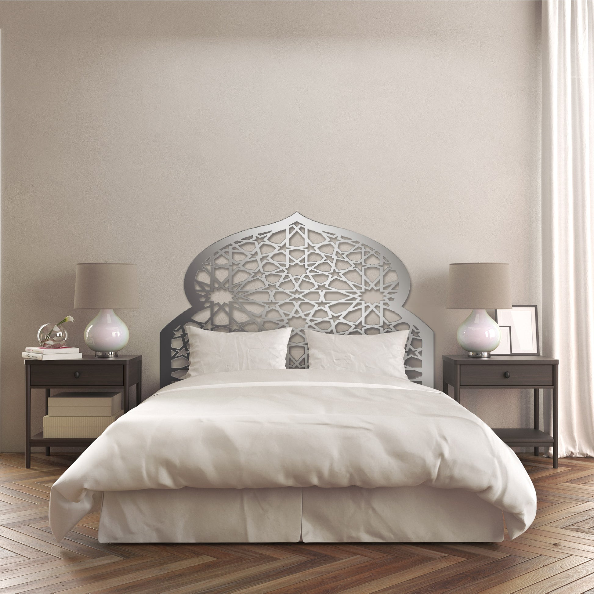 Bedroom decor, Crescent-shaped crown, Birch plywood, Aluminum composite, HDPE, Handmade art, Custom designs, Personalized home decor, Timeless elegance, Islamic-inspired designs, Customization options, Skilled artisans, Unique piece, Sophisticated bedroom, Durable materials, High-quality craftsmanship.