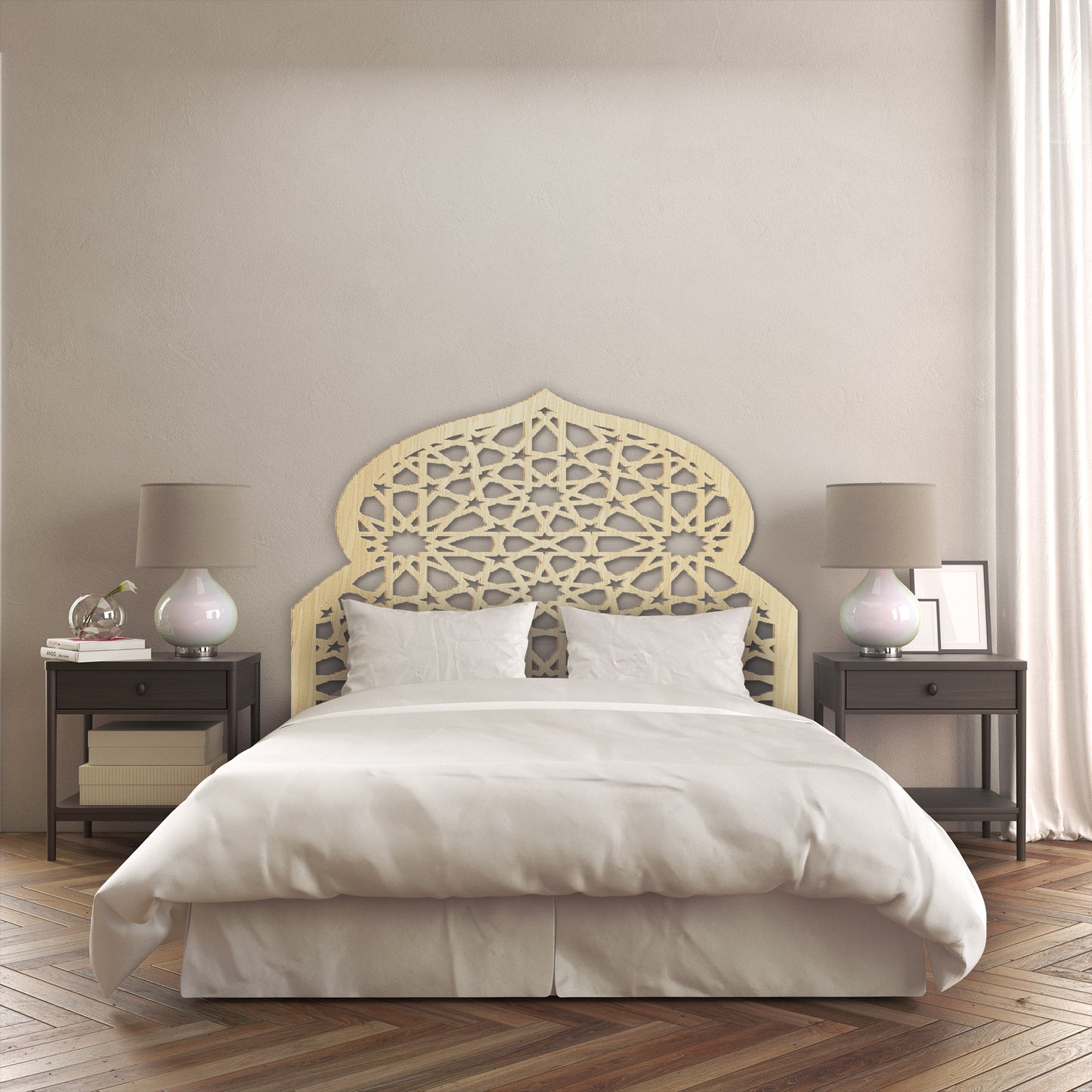 Bedroom decor, Crescent-shaped crown, Birch plywood, Aluminum composite, HDPE, Handmade art, Custom designs, Personalized home decor, Timeless elegance, Islamic-inspired designs, Customization options,Custom design headboard, Bedroom decor, Crescent-shaped crown, Headboard