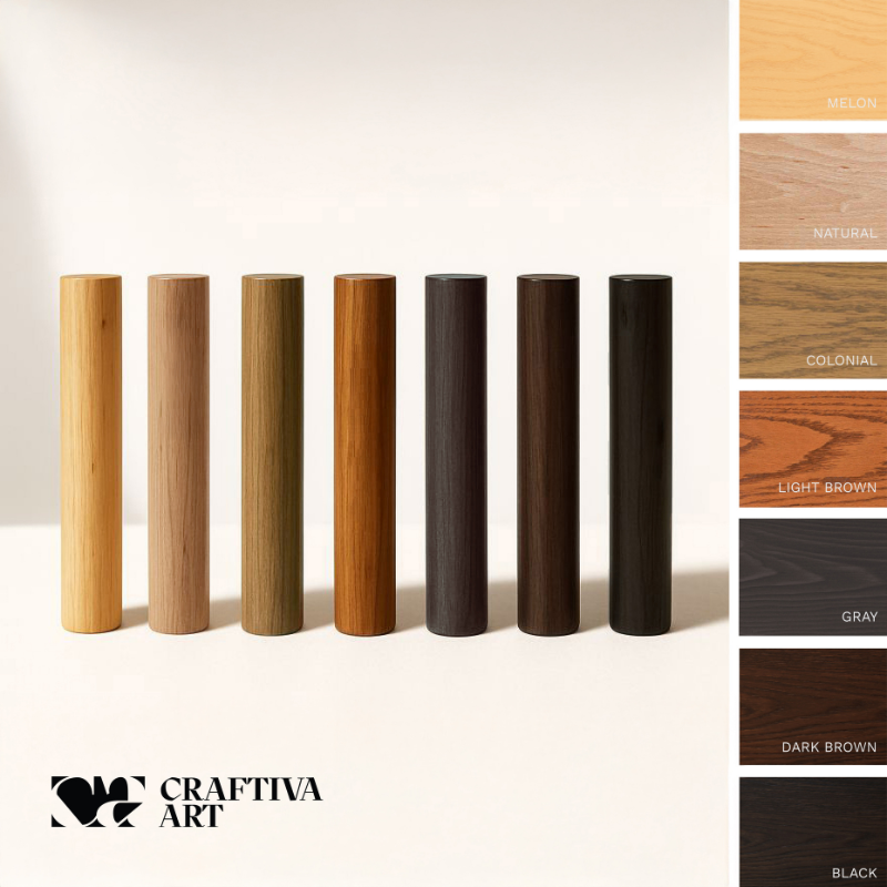 Set of wooden columns in various finishes with Craftiva Art branding.