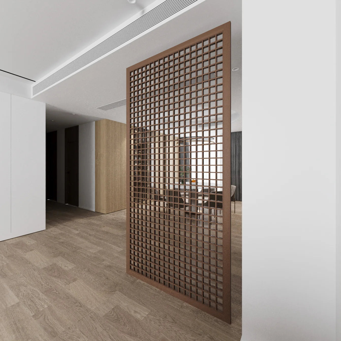 Modern interior with a wooden lattice room divider.