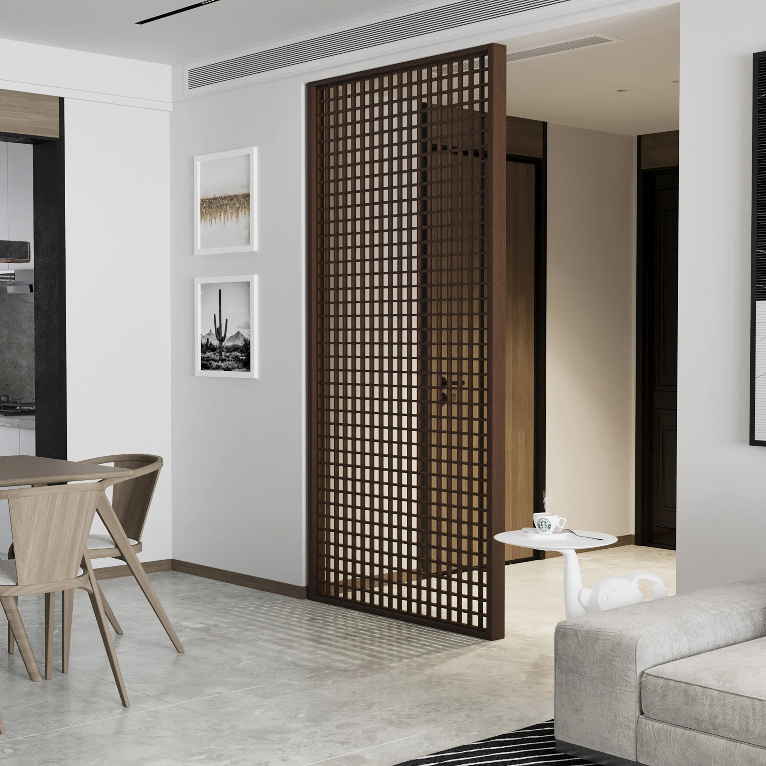 Modern living room with a decorative wooden screen partition.