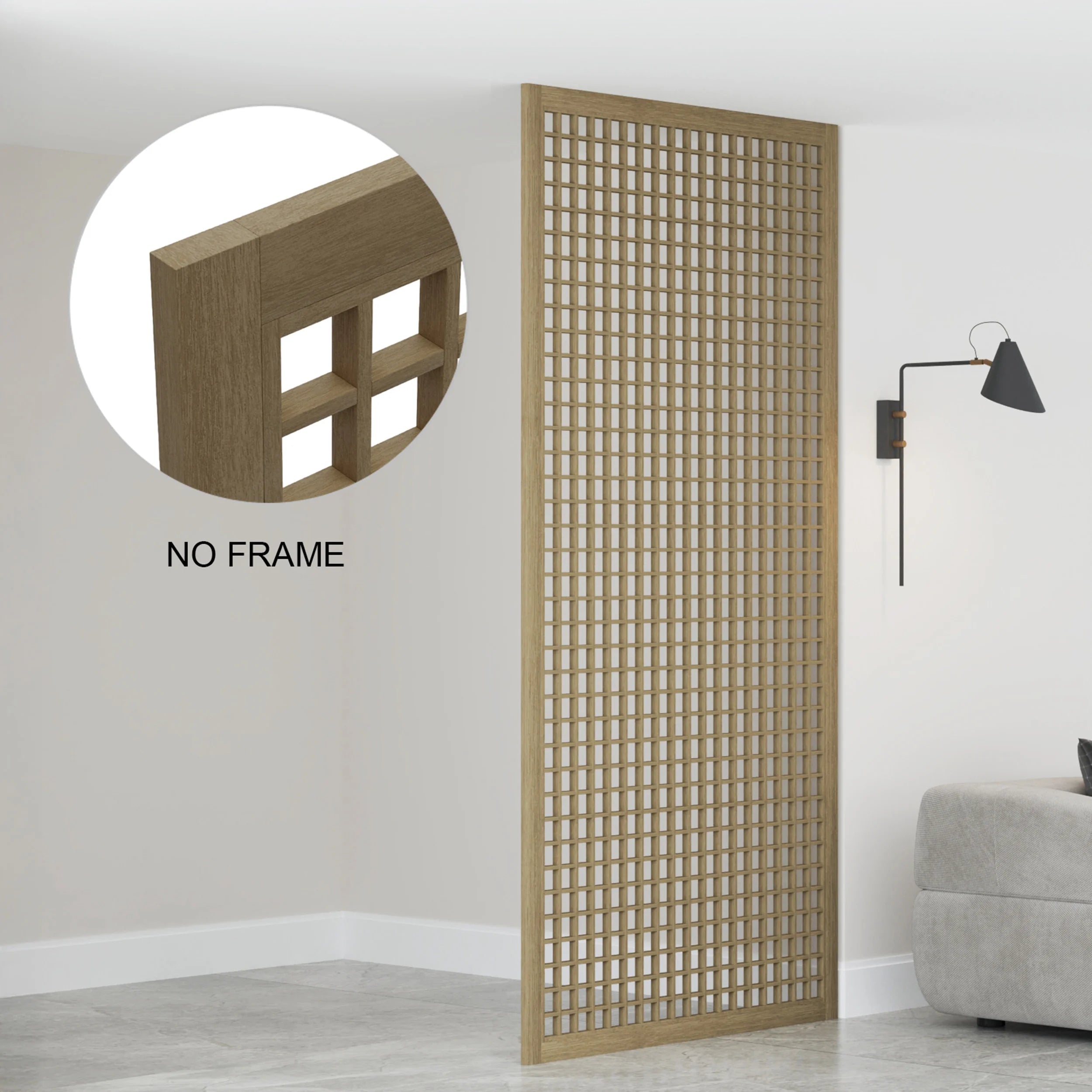 Wooden lattice panel with no frame in a room setting
