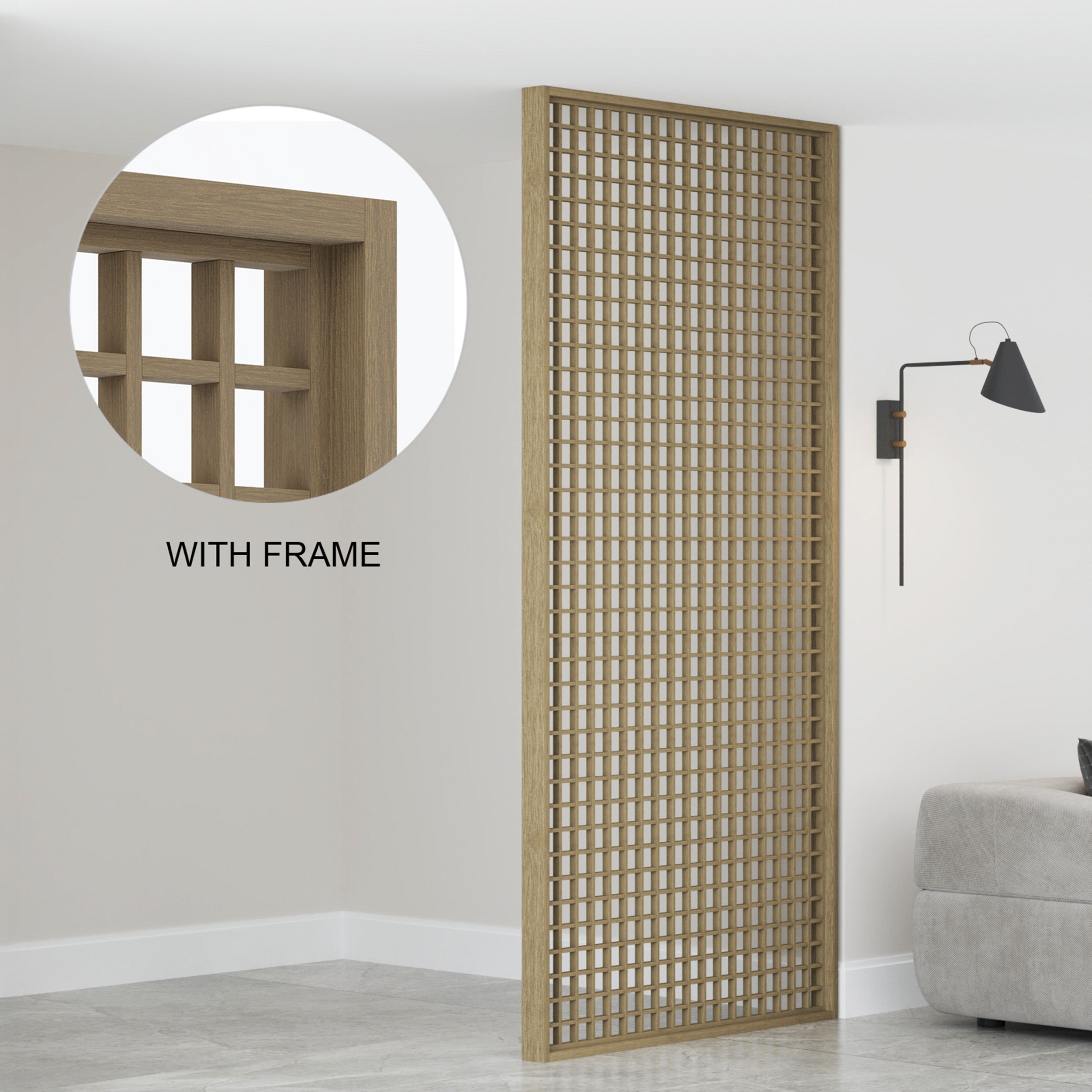 Wooden lattice room divider with frame in a room setting