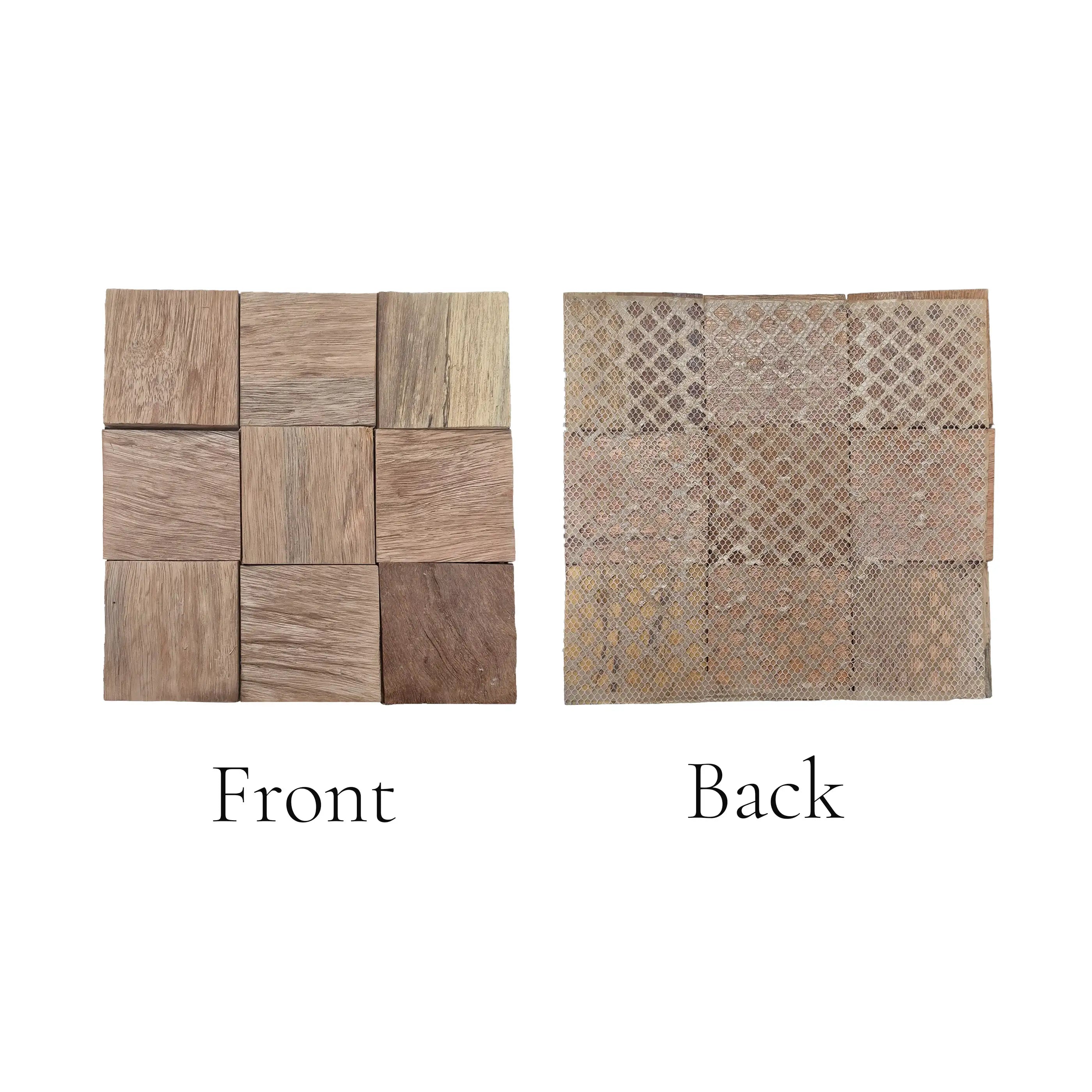 Wooden wall panel with front and back designs on a white background