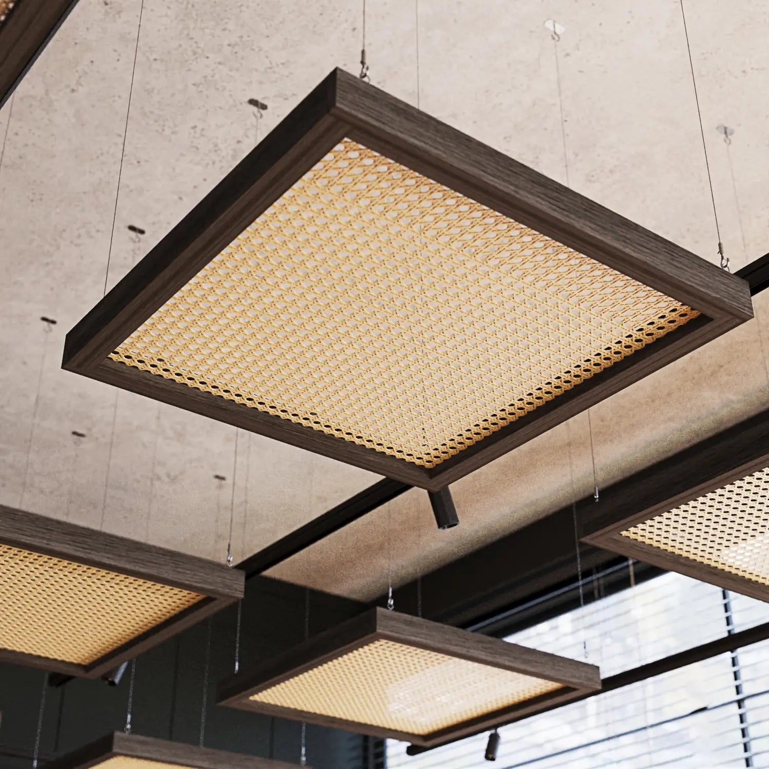 Ceiling lights with woven design and wooden frames on a concrete wall background