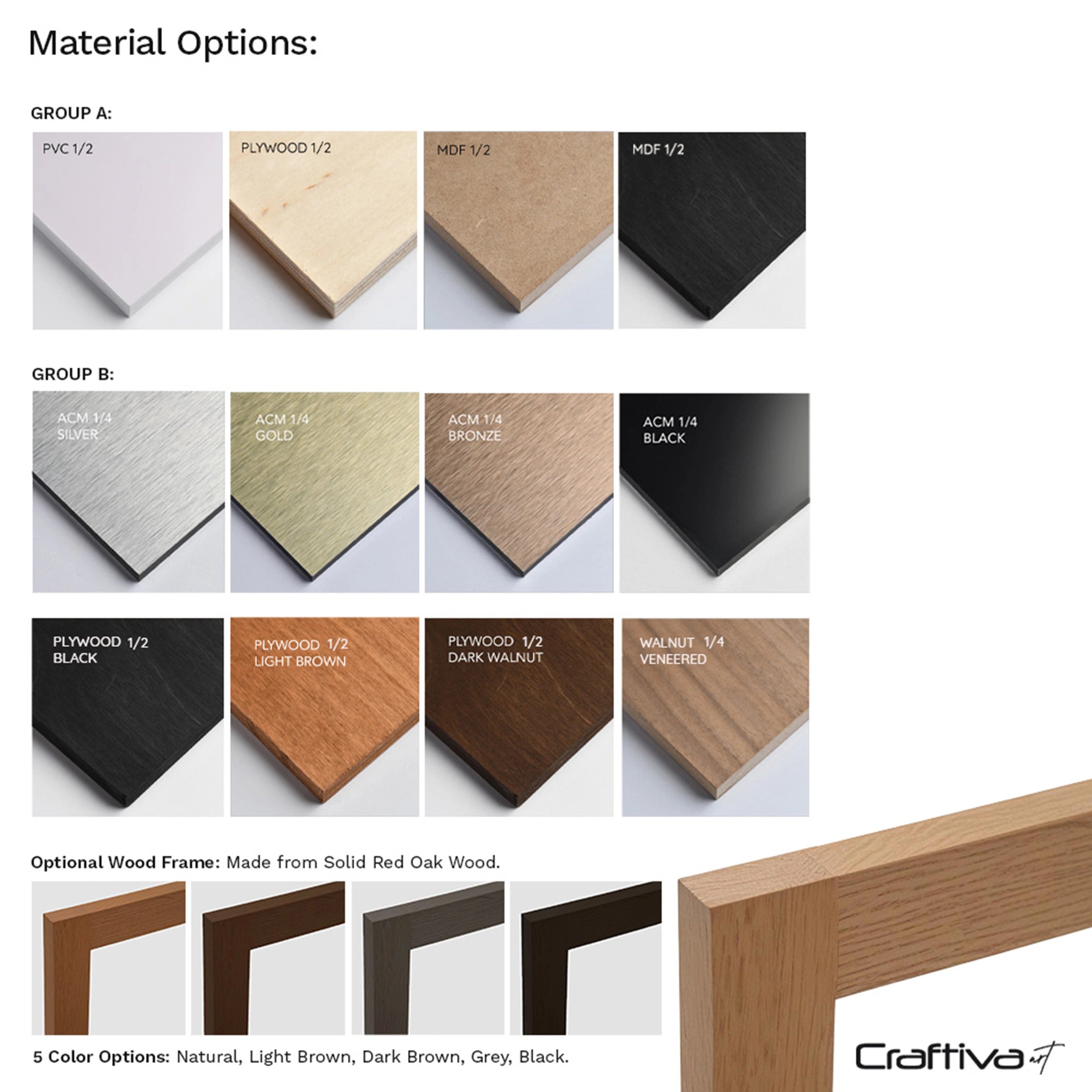 Material options for furniture with various wood finishes and a Craftiva logo.