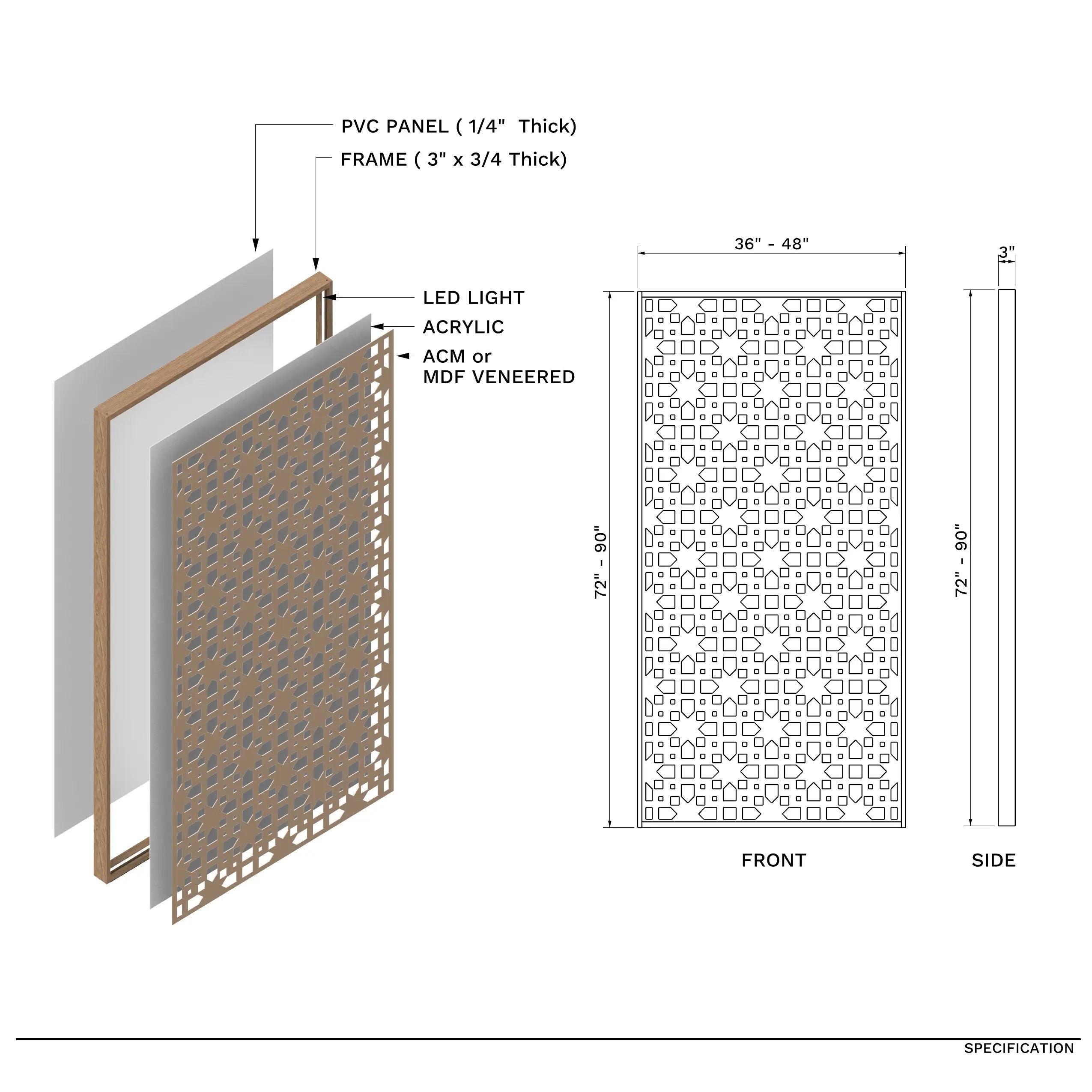 Technical drawing of a decorative panel with dimensions and material specifications.