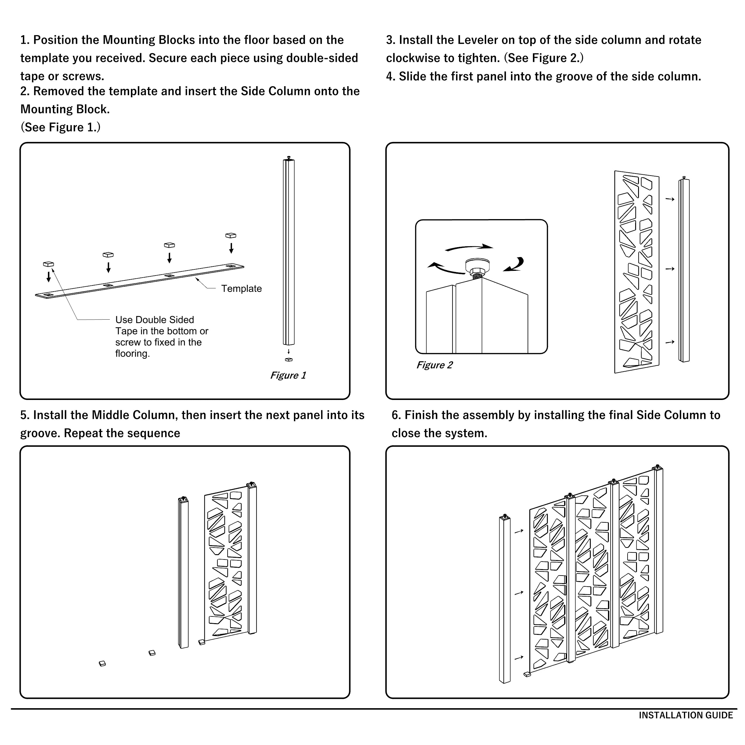 Installation guide for a panel system with step-by-step instructions and diagrams.
