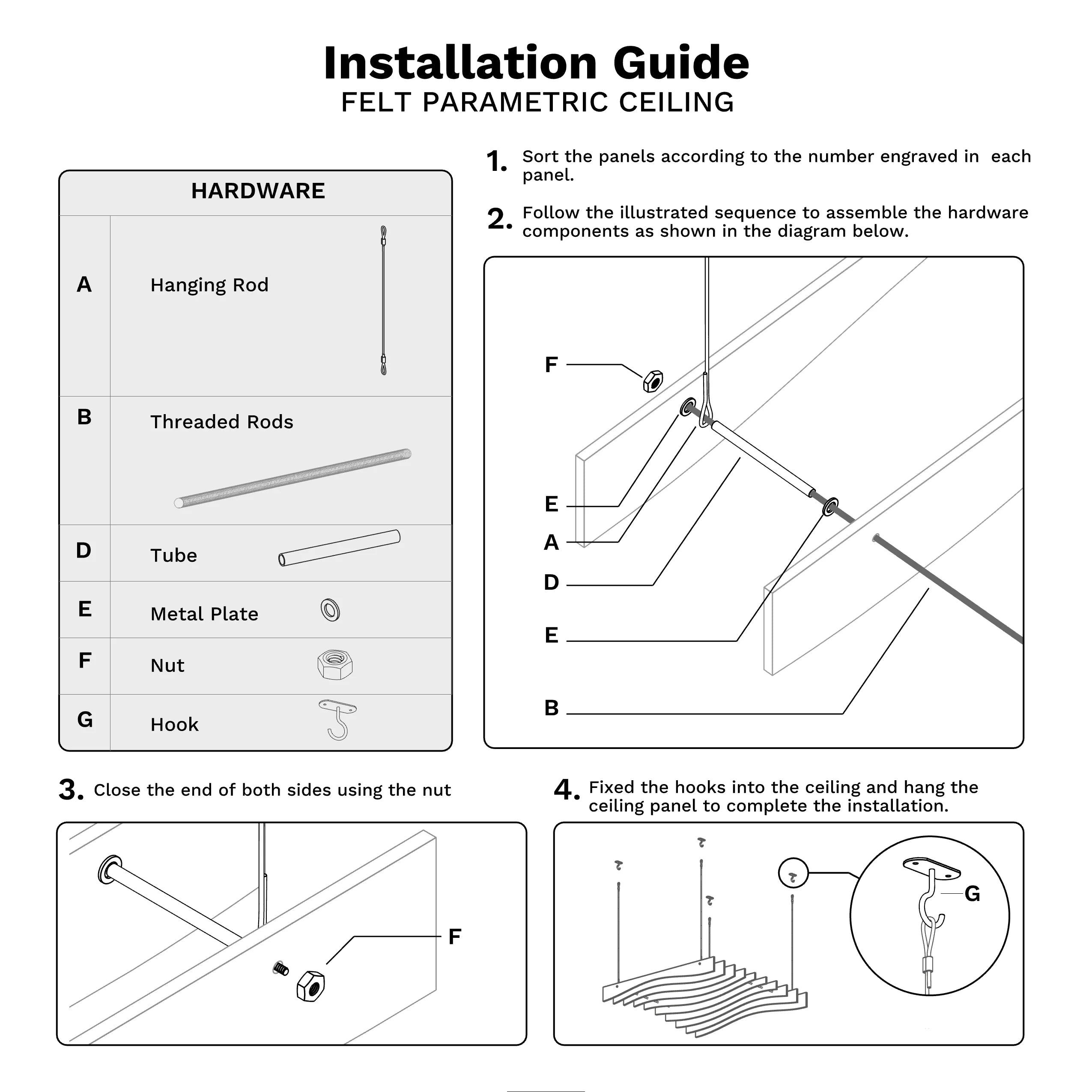 Installation guide for felt parametric ceiling with hardware components and assembly instructions.