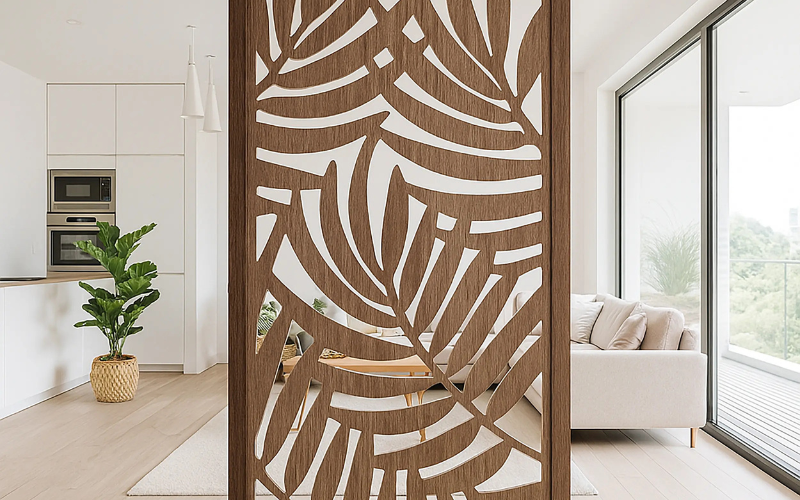 Decorative wooden screen with leaf pattern in a modern living room.