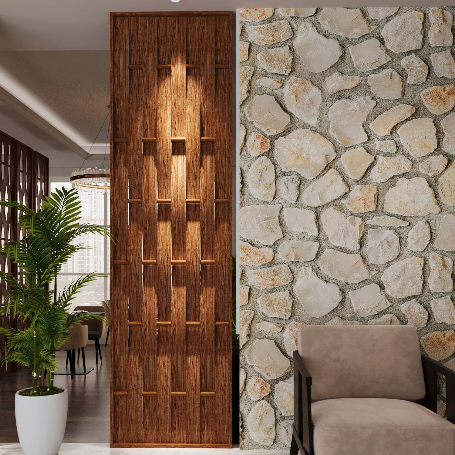 A tall wooden decorative screen panel with geometric cutout slots, shown installed in a modern interior next to a stone wall and a beige armchair.