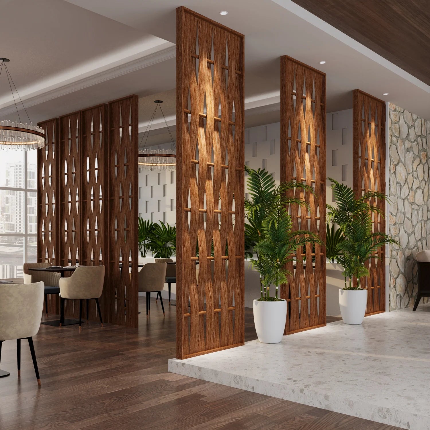 A modern interior space featuring tall wooden lattice screen dividers, potted green plants in white planters, and a marble-look floor and raised platform.