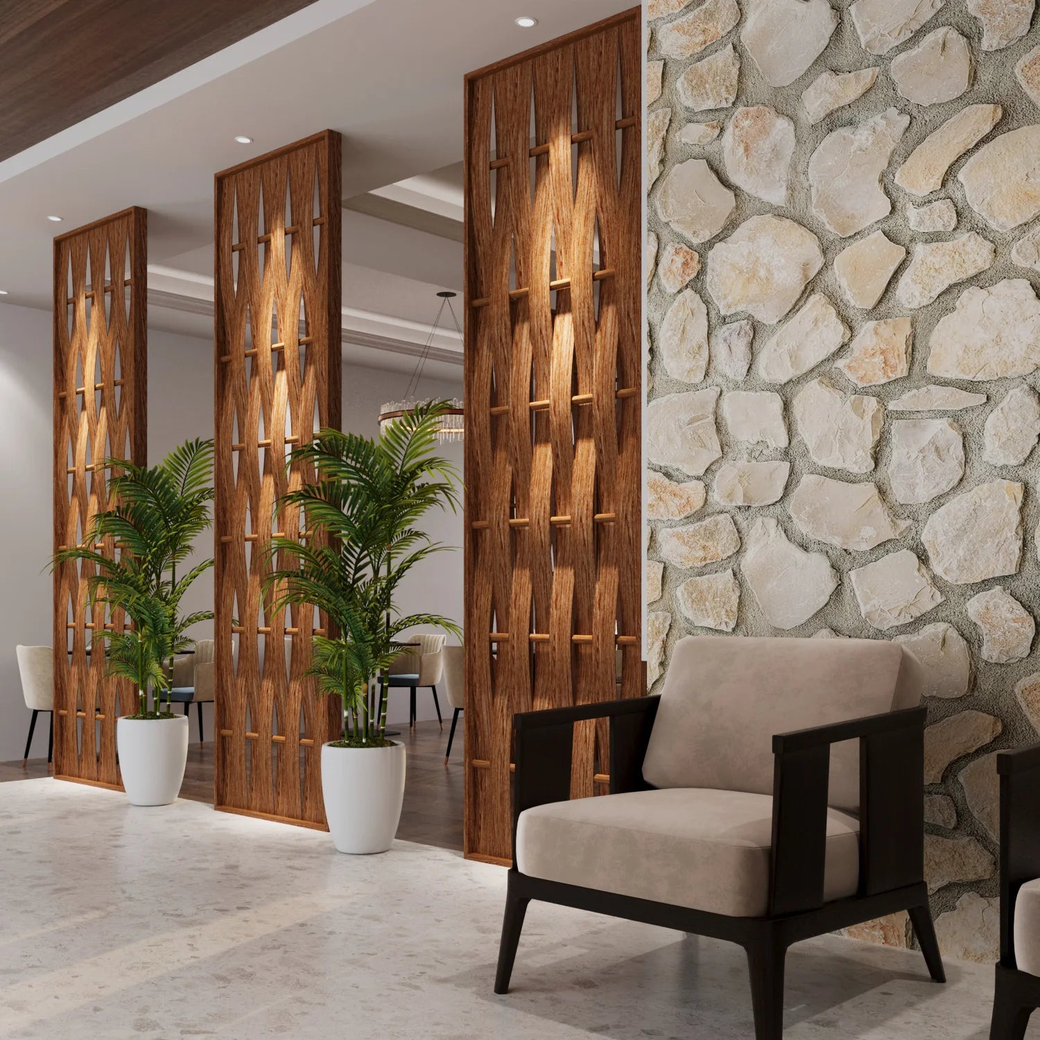 A modern interior space featuring tall wooden slatted decorative screens, a textured stone wall, potted palm plants, and a beige upholstered armchair in the foreground.
