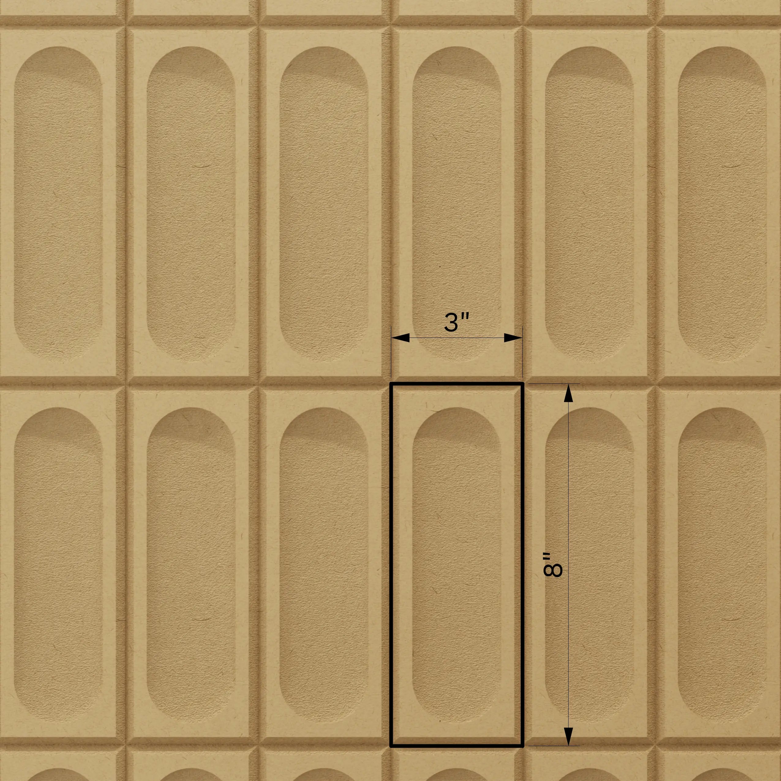 Beige wall with arched panels and measurements indicated