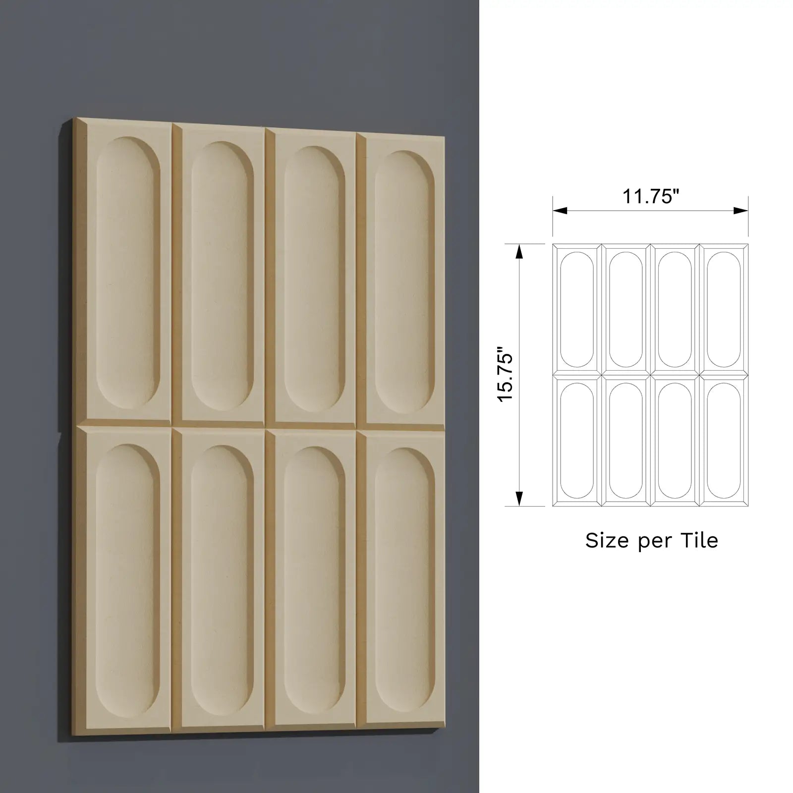 Beige wall tile with dimensions on a gray background