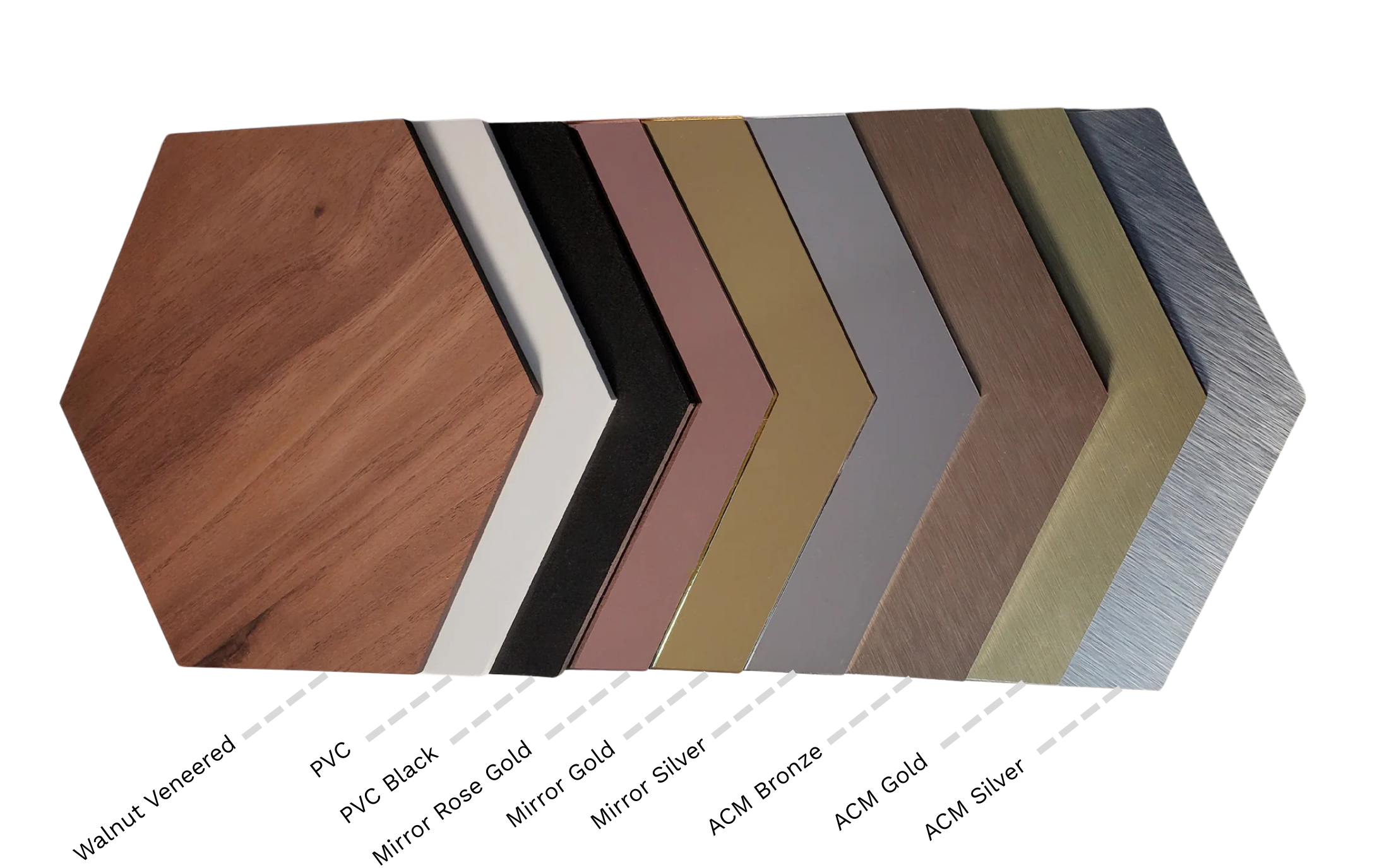 Hexagonal samples of different wood finishes on a white background