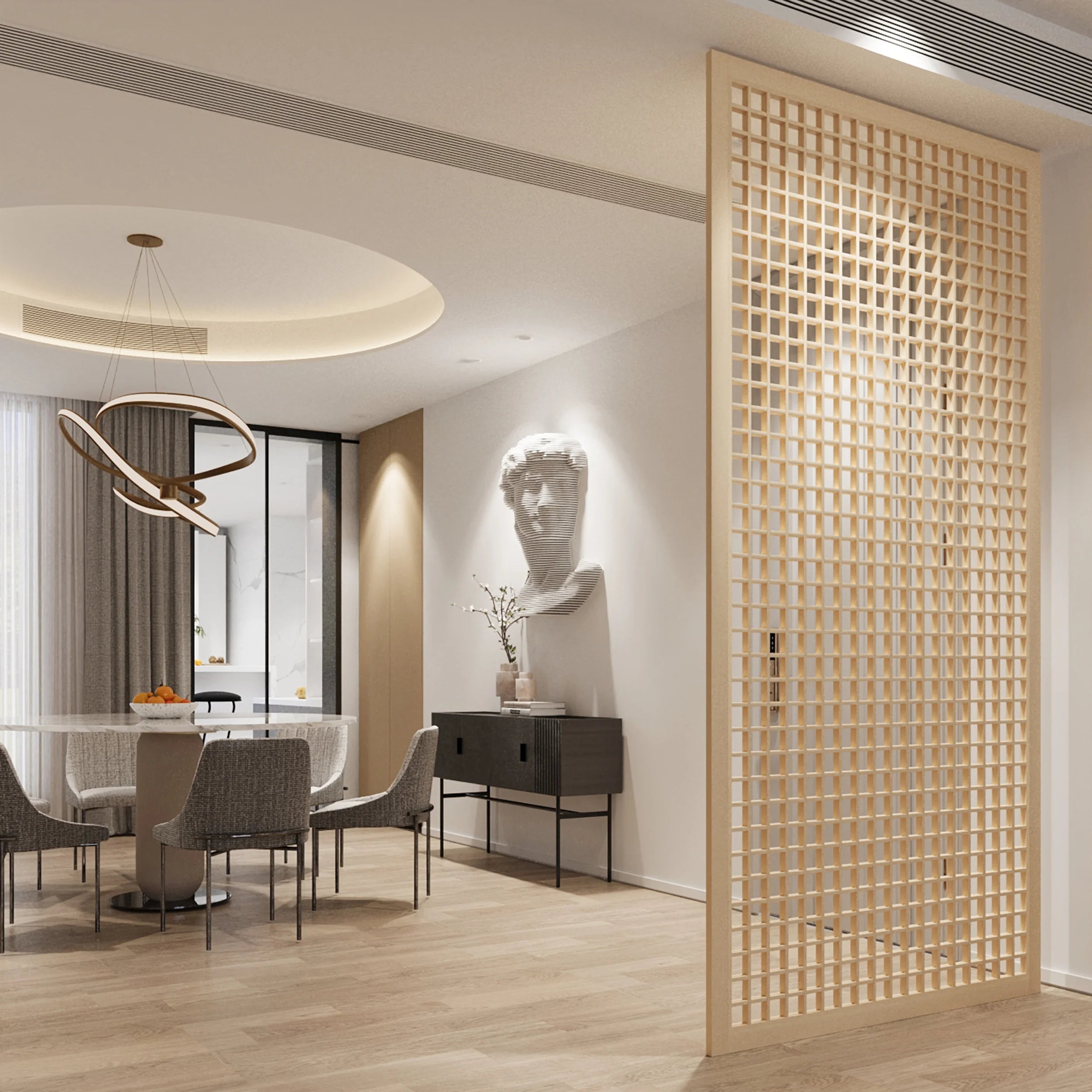 Modern interior design with a dining area and decorative wall piece.