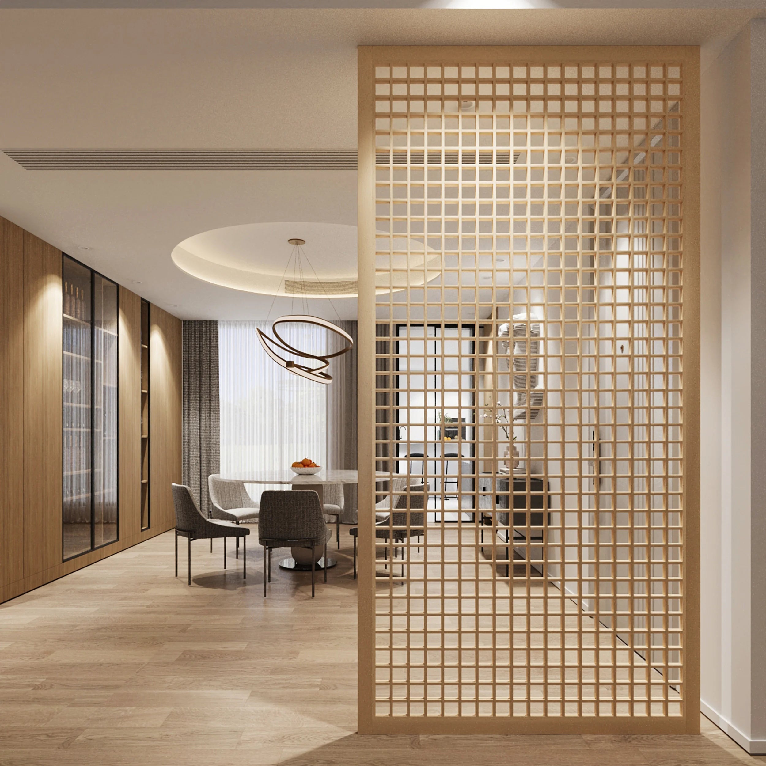 Modern interior with wooden floor, decorative screen, and dining area.