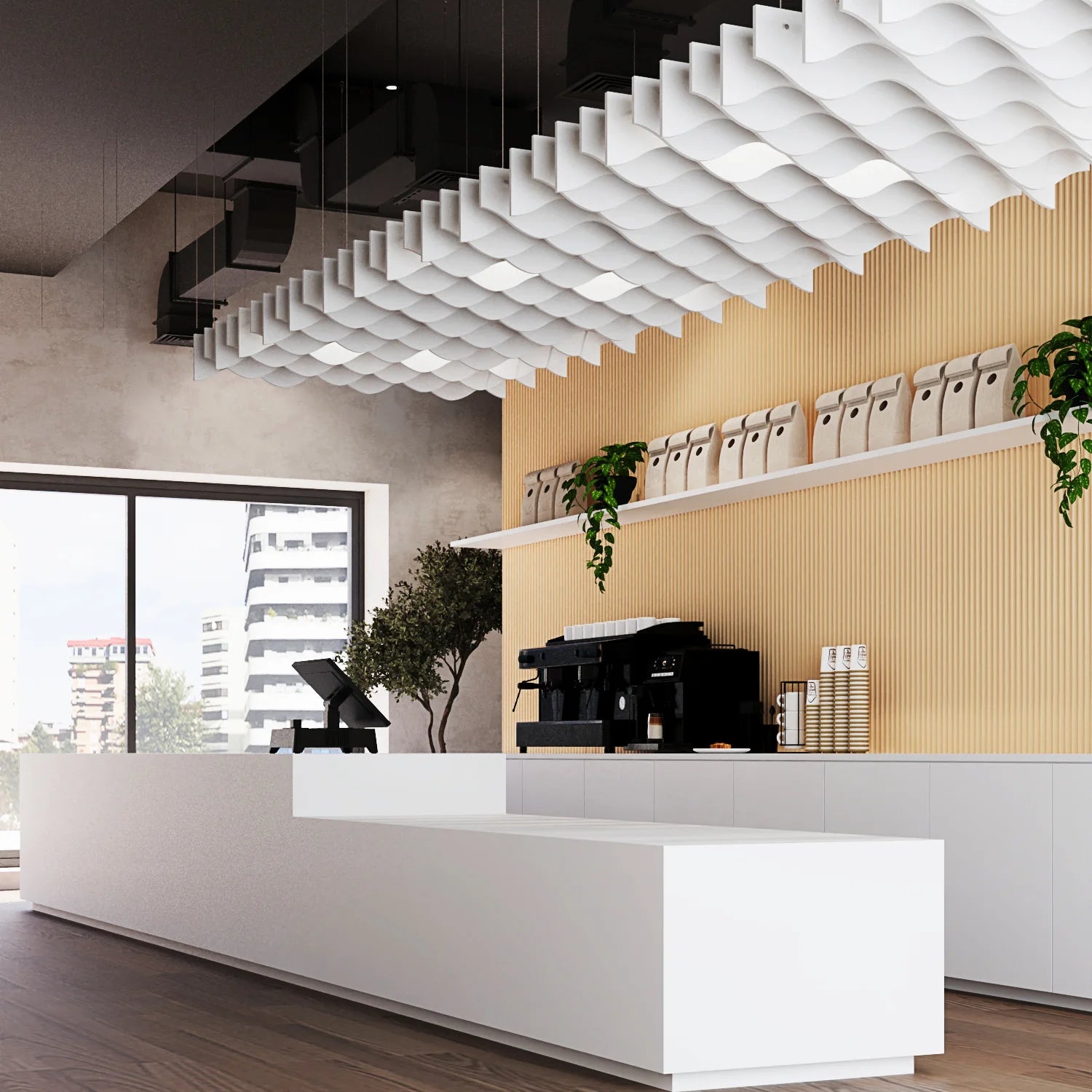 Modern office interior with a reception desk, coffee machine, and decorative elements.