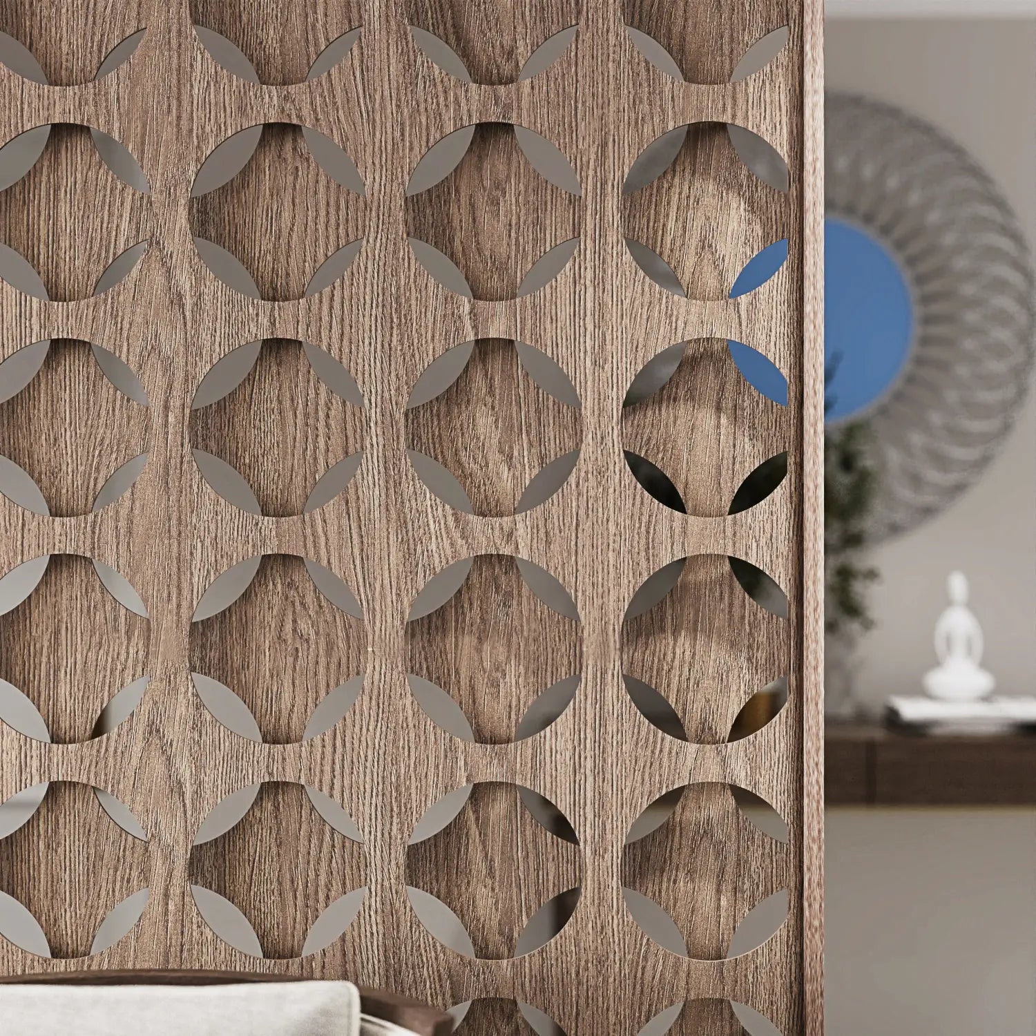Wooden decorative screen with geometric cut-out design in a room setting.