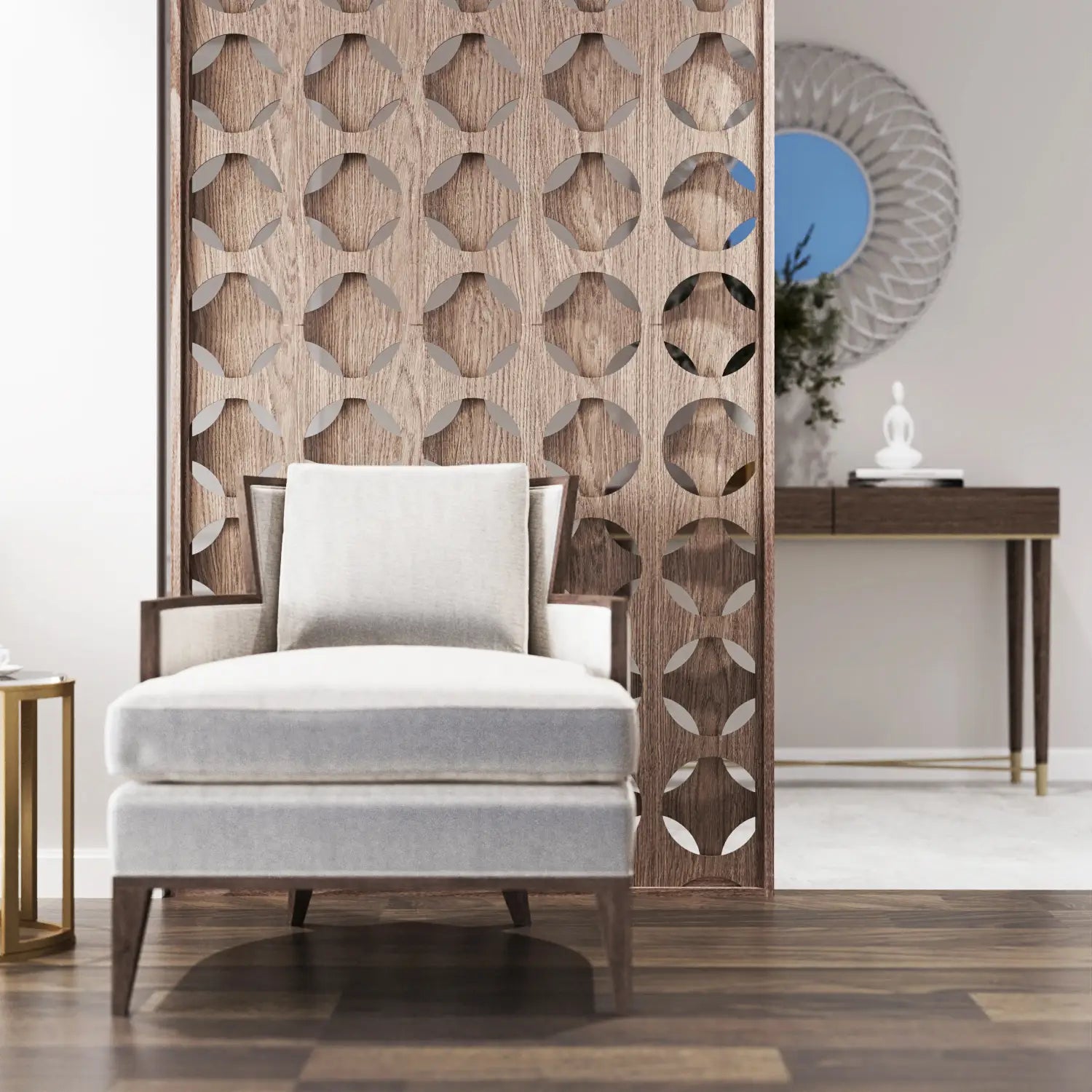 Gray armchair in a room with a decorative wooden screen and a small table.