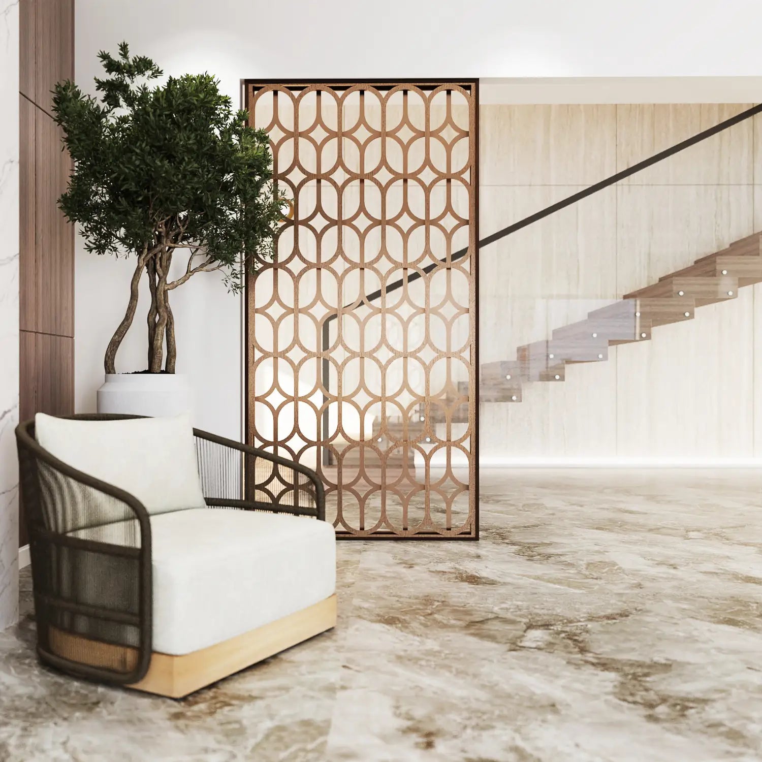 Decorative screen with geometric pattern in a modern interior setting with a chair and plant.