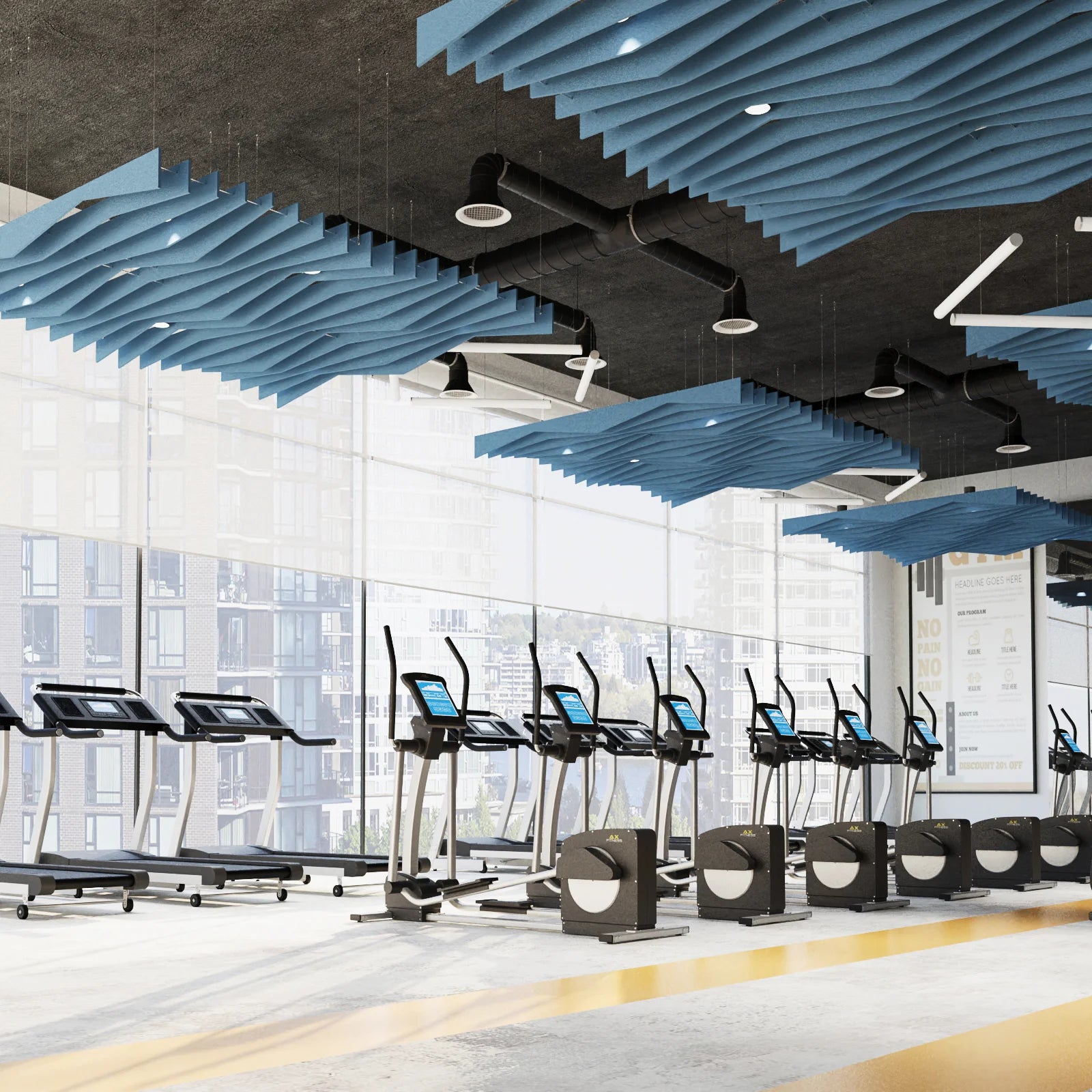 Modern gym interior with treadmills and elliptical machines under a unique ceiling design.