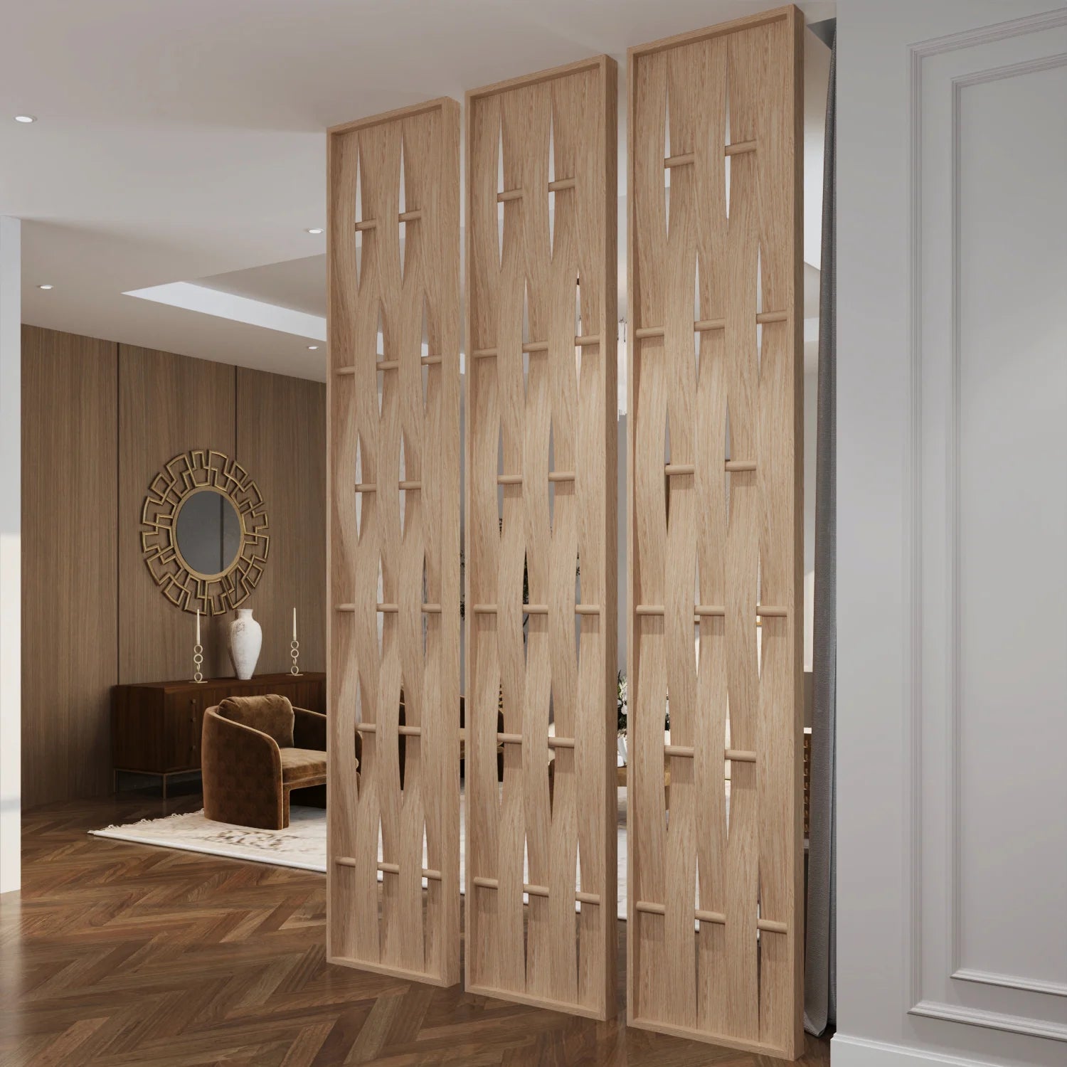 Three tall light oak wood folding screen panels with geometric cutout patterns, shown in a modern interior setting.