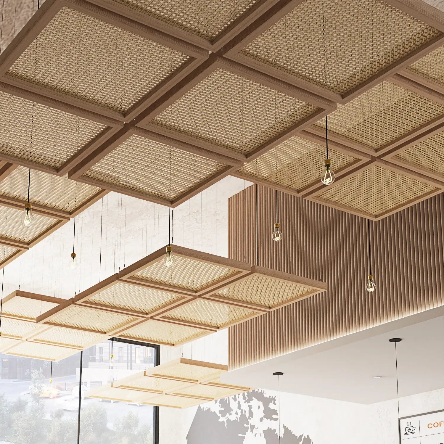 Ceiling with geometric wooden panels and hanging lights