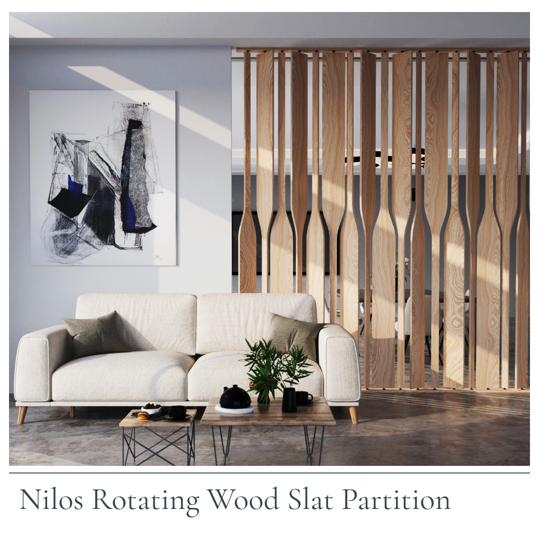 A modern living room scene showing a tall rotating wood slat partition installed on a wall, with a cream sofa, coffee table, wall art, and plants in a real interior setting. Text at the bottom reads 'Nilos Rotating Wood Slat Partition.