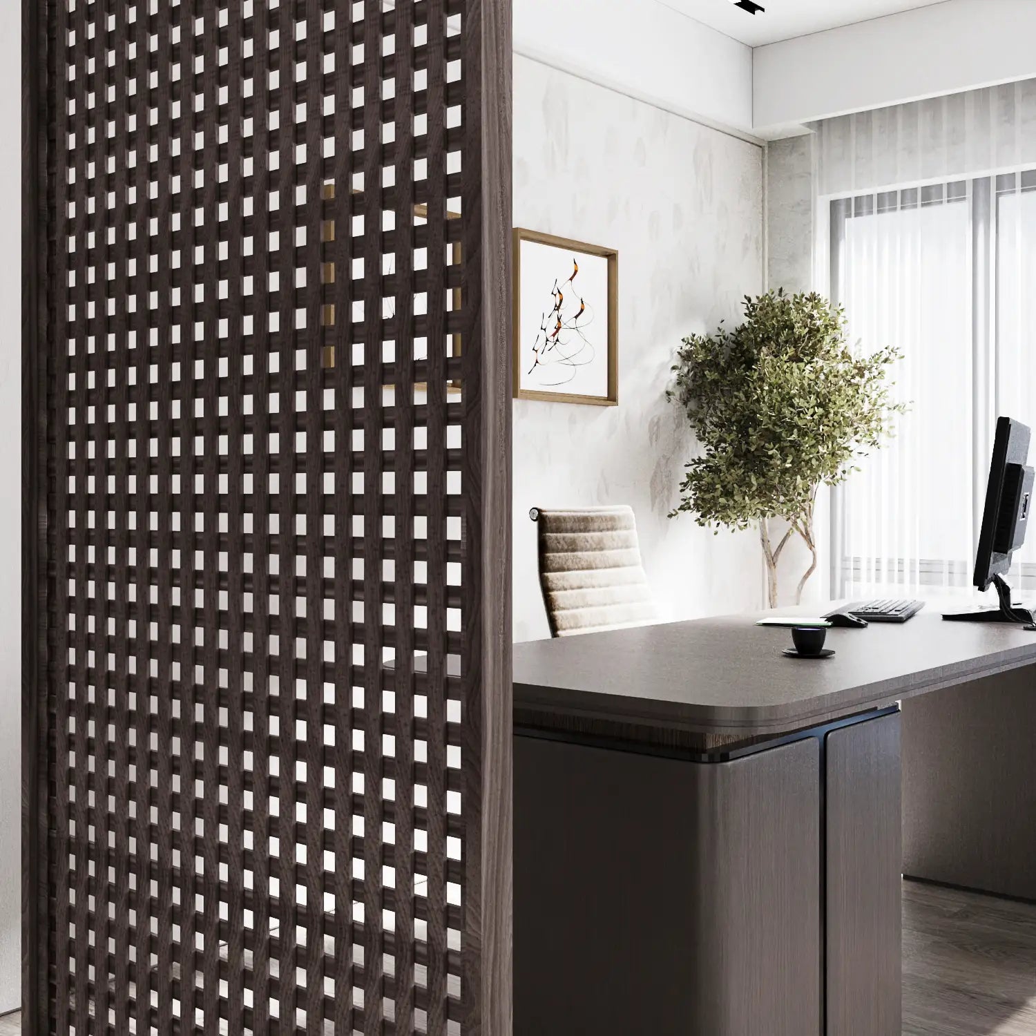 Modern office space with a desk, chair, and decorative plant, featuring a lattice screen.